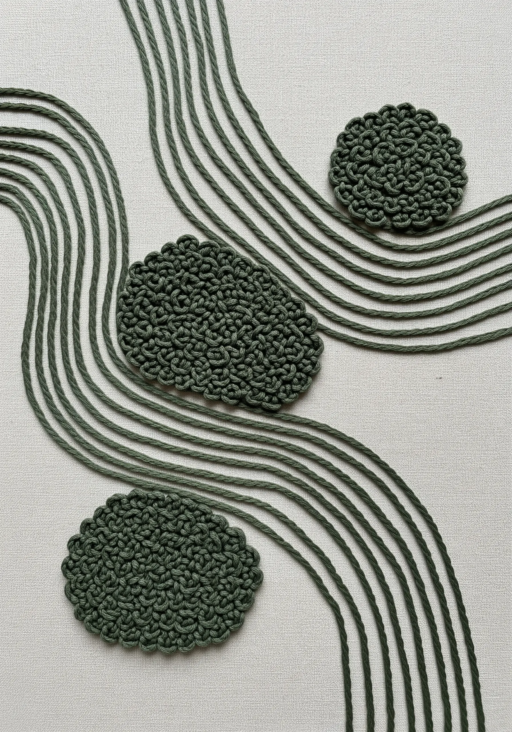 Abstract embroidery with dense green knotted clusters connected by smooth, parallel couched lines.