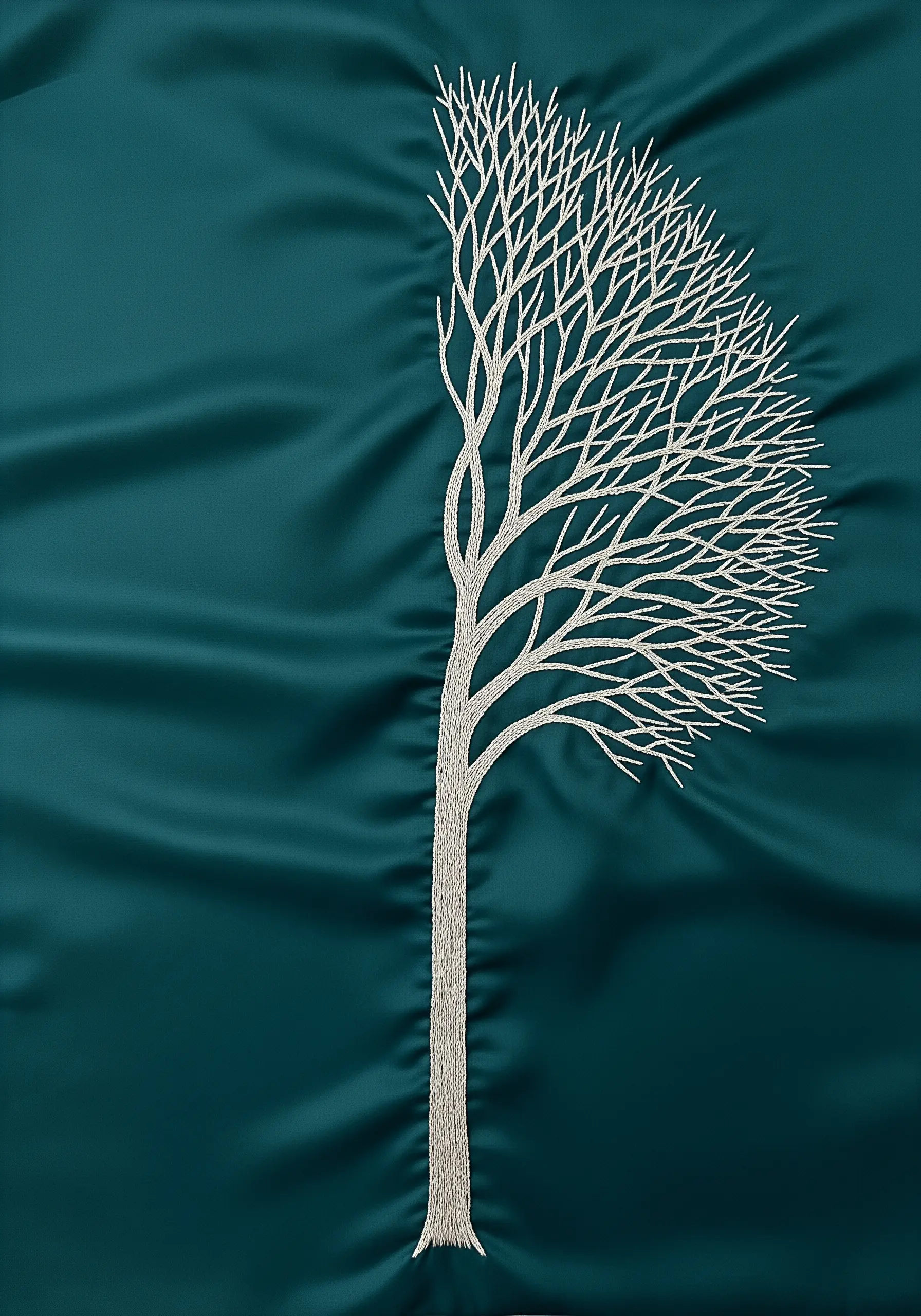 The left half of a tree embroidered in white thread on a lustrous teal fabric.