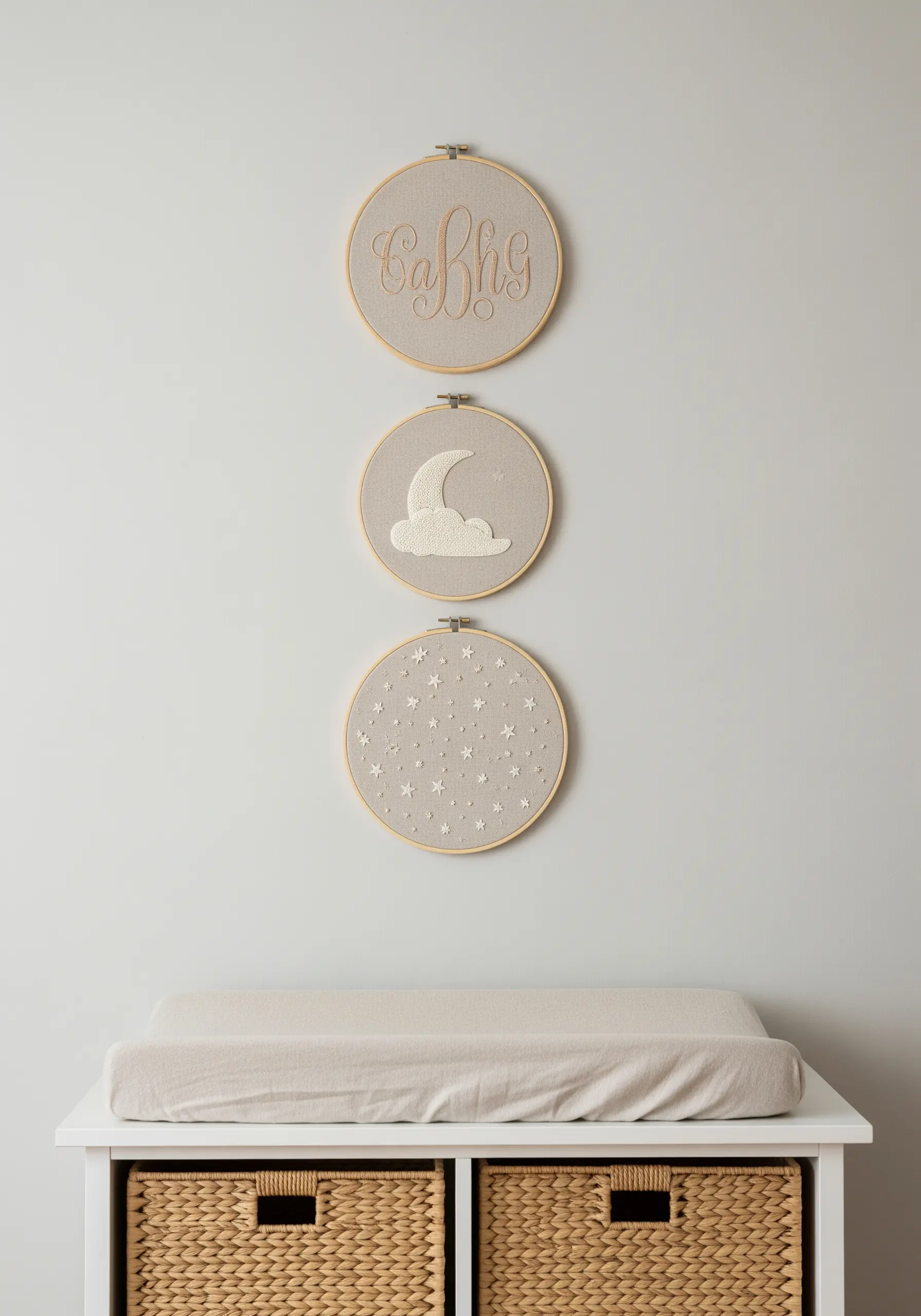 A trio of embroidery hoops with a name, a crescent moon, and a field of stars