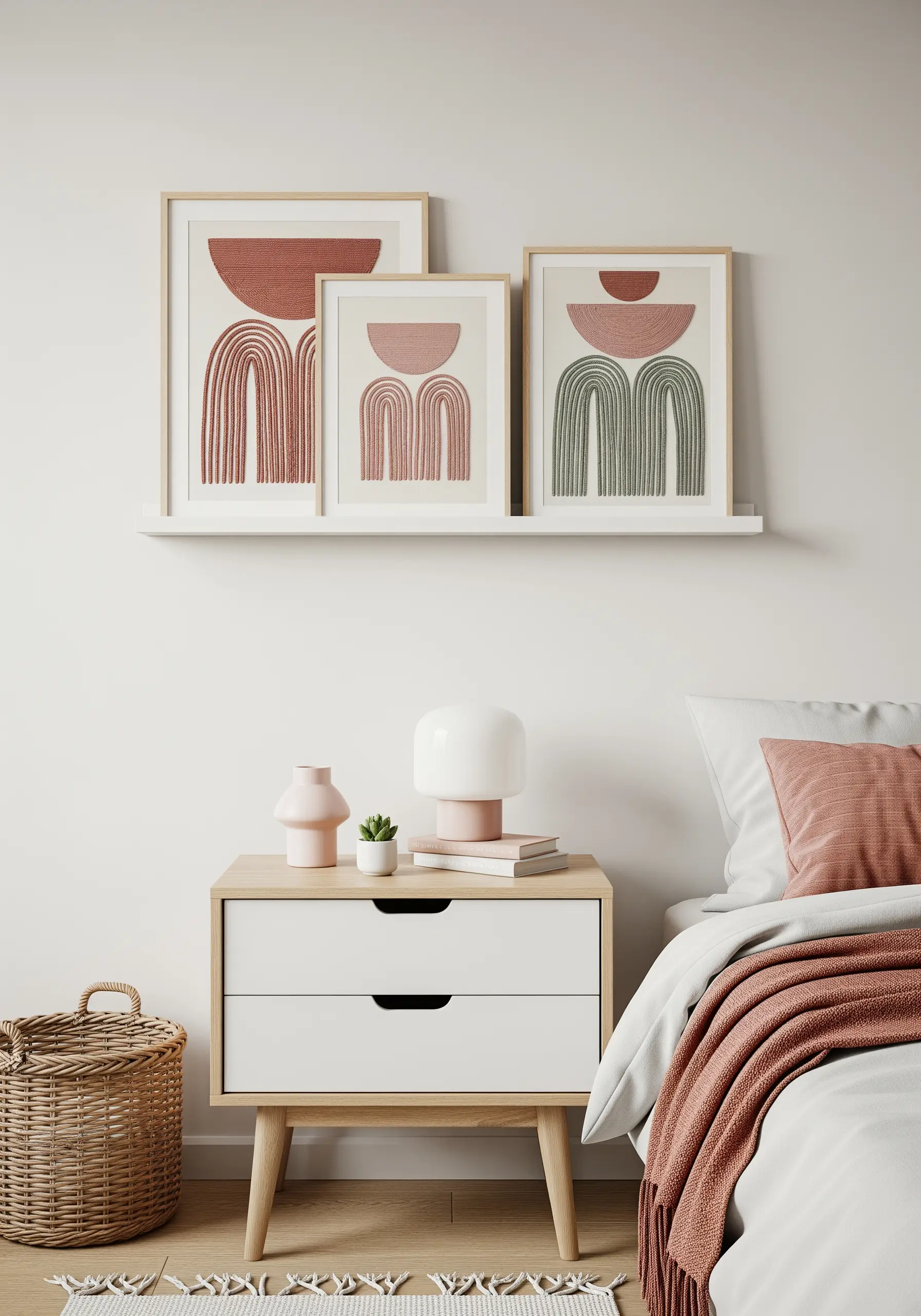 Three framed abstract pieces combining solid shapes and outlined arches in muted tones.