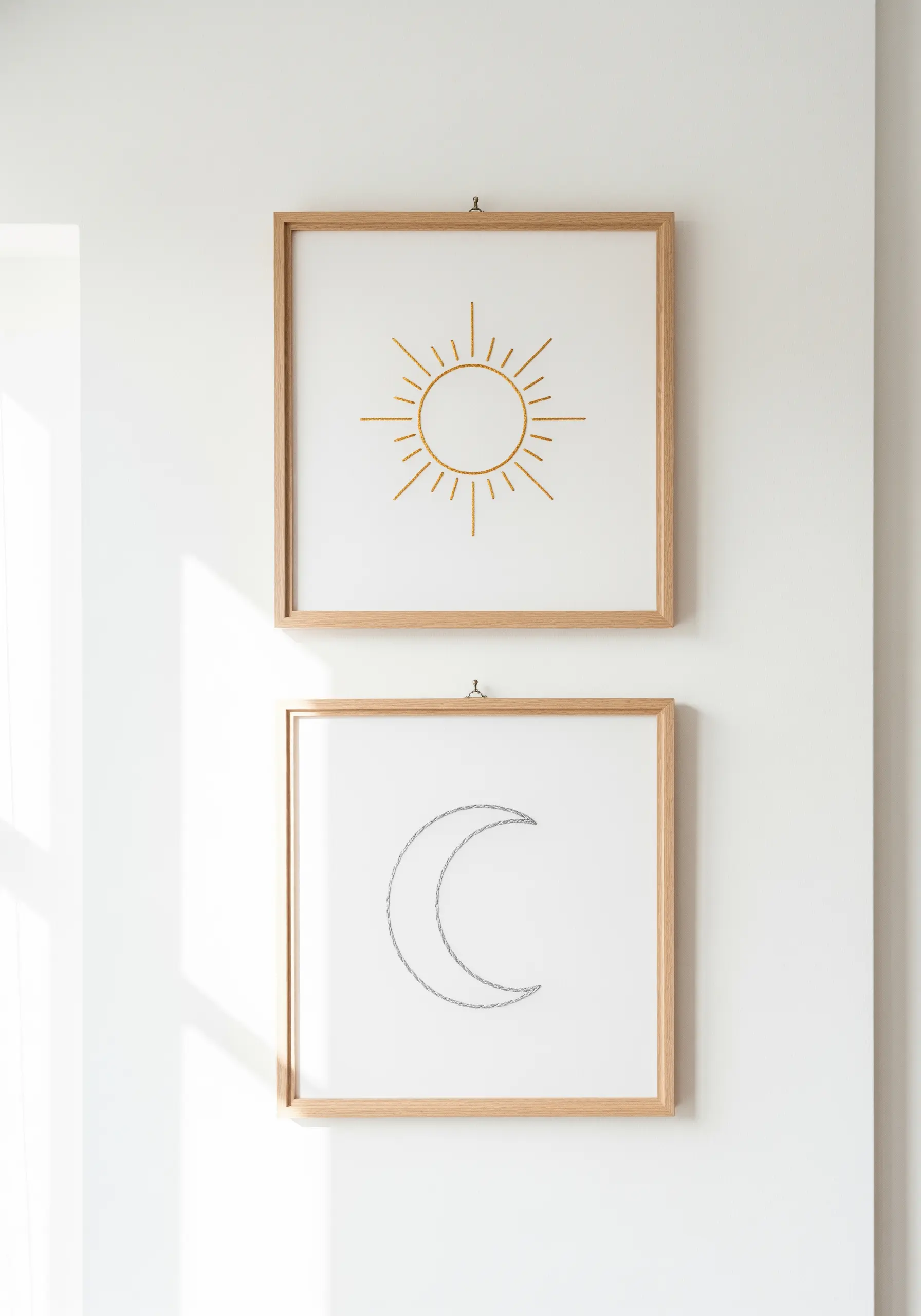 A pair of framed embroideries, one of a gold sun and one of a silver moon.