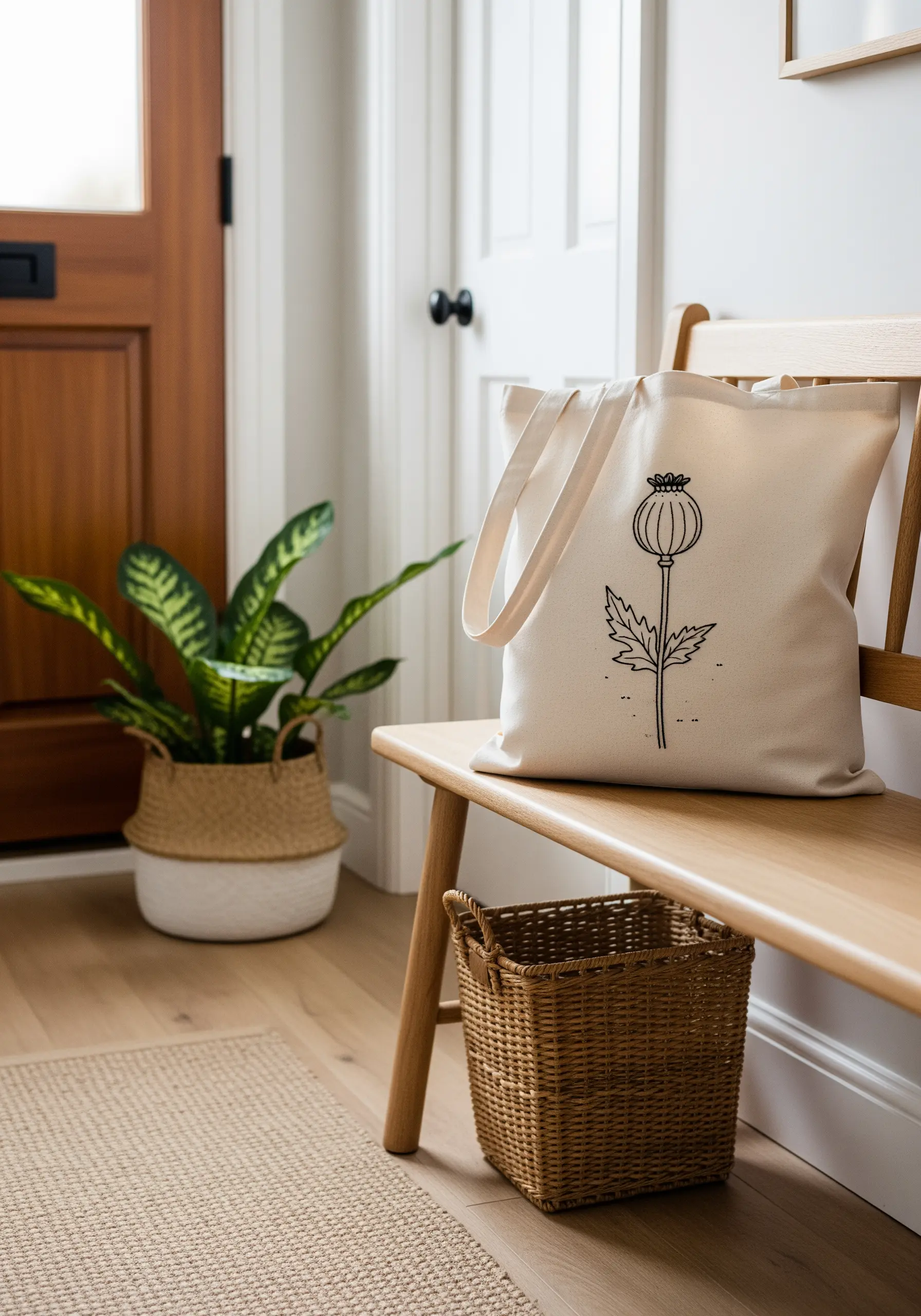 A line art poppy seed head embroidered in black thread on a canvas tote bag.