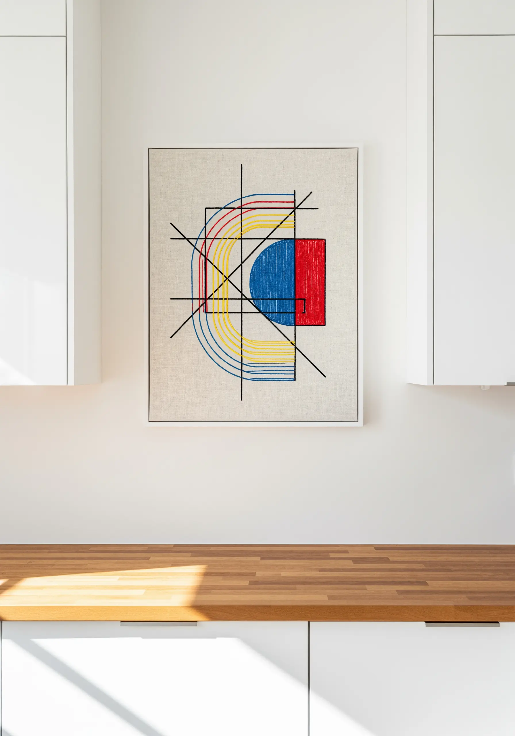 A framed abstract embroidery piece with Bauhaus-style shapes in red, yellow, and blue.