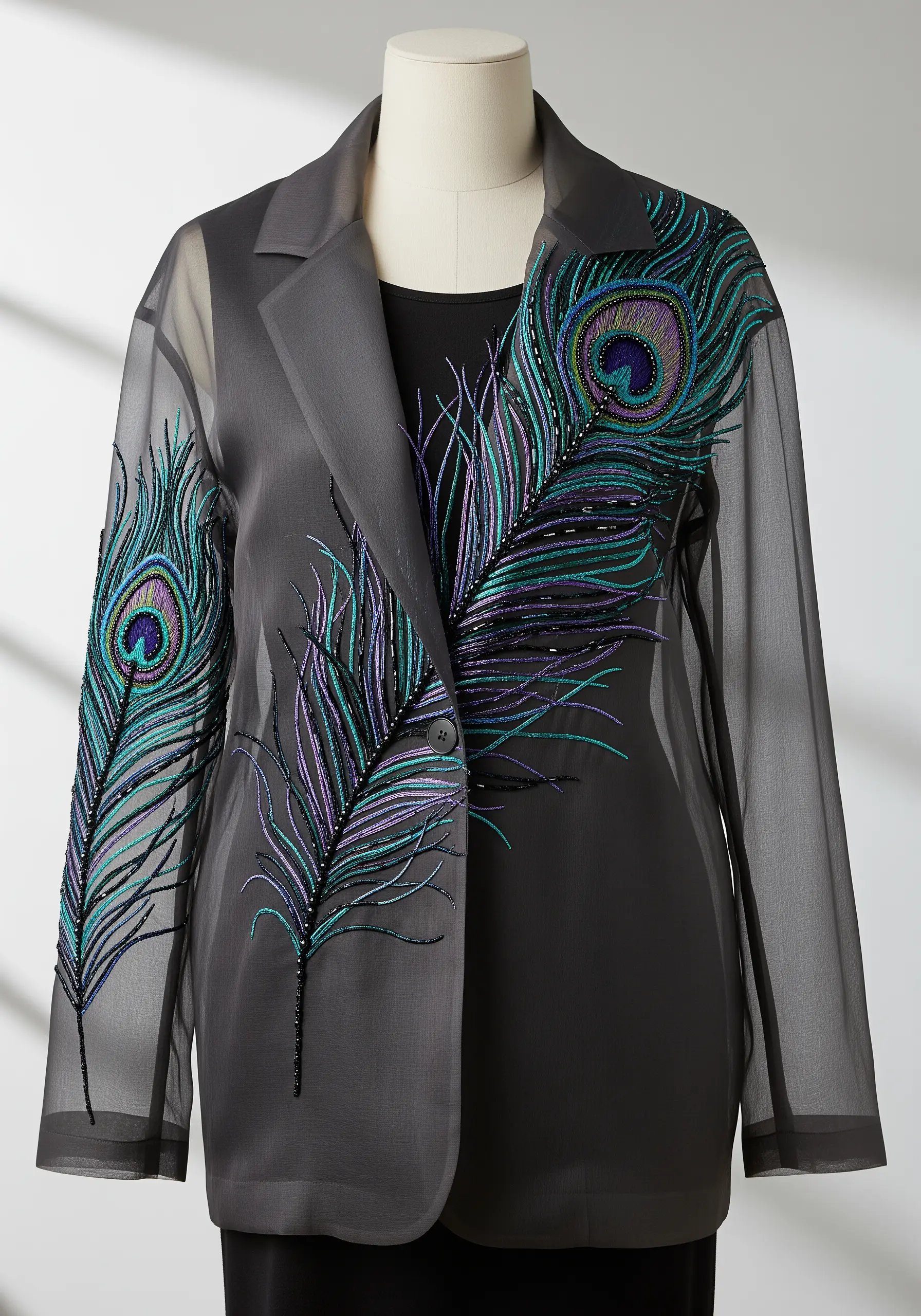 Beaded peacock feathers in iridescent colors on a sheer, translucent jacket.