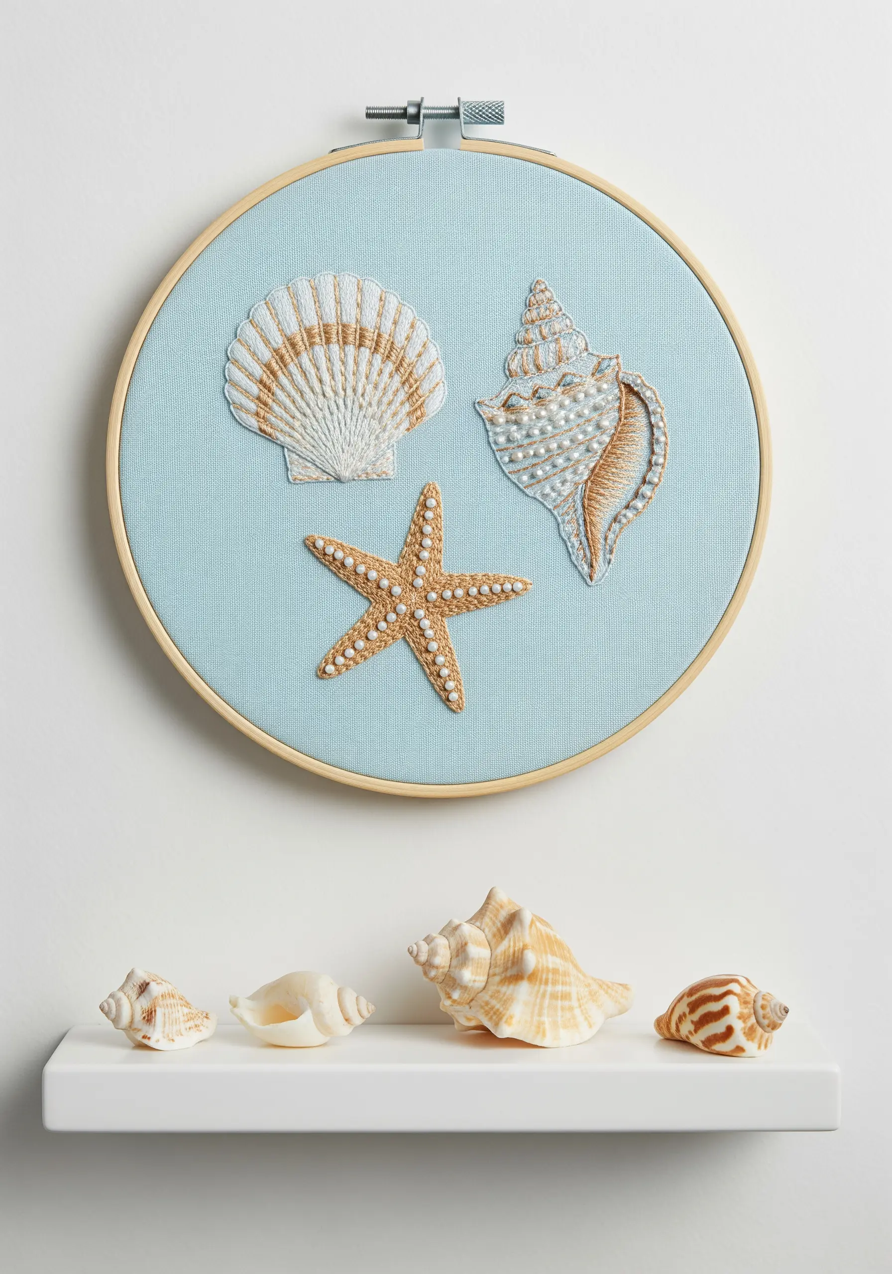 An embroidery hoop with seashells and a starfish, embellished with pearl beads for texture.