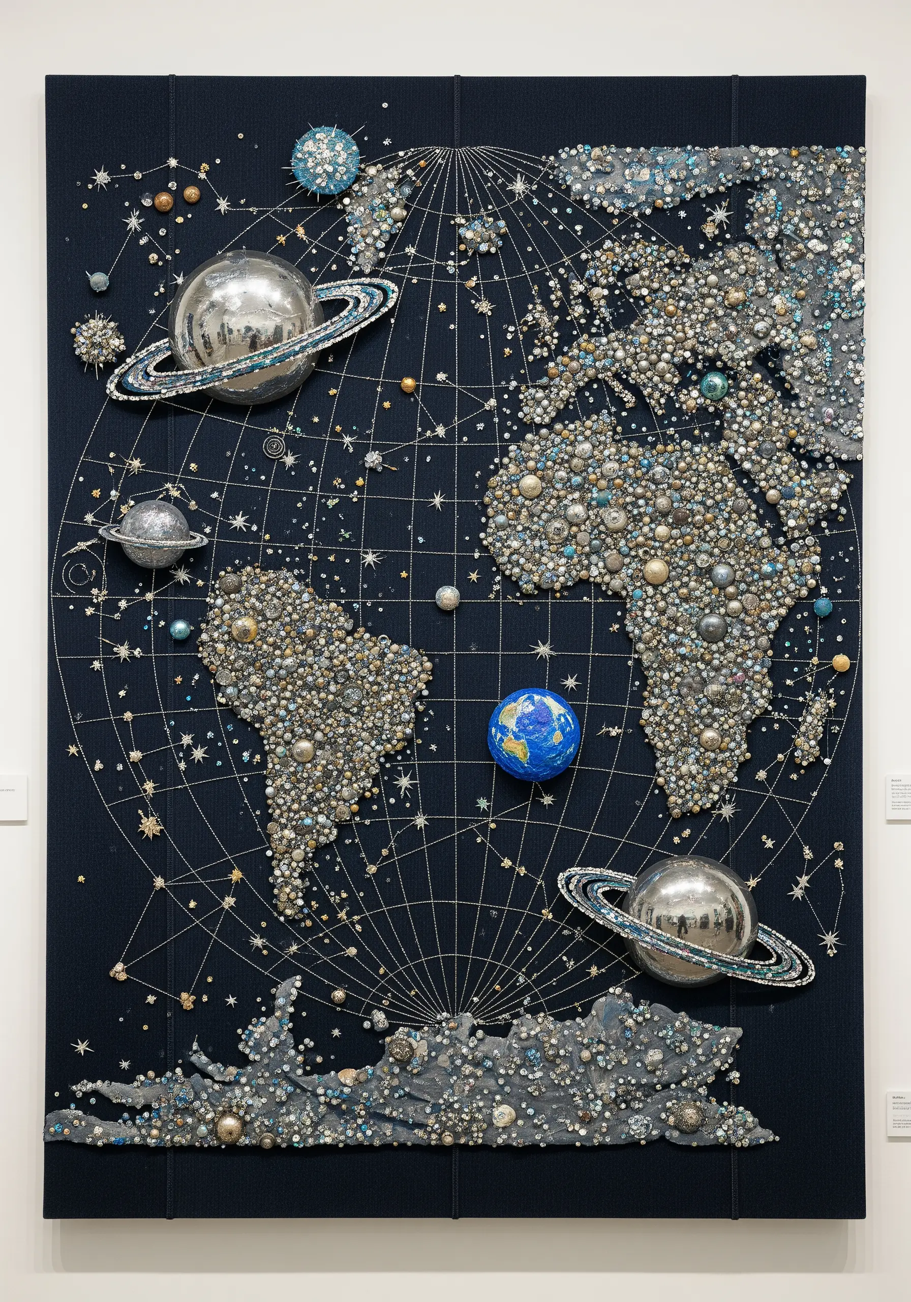 A world map created with a dense collage of silver beads, sequins, and found objects.