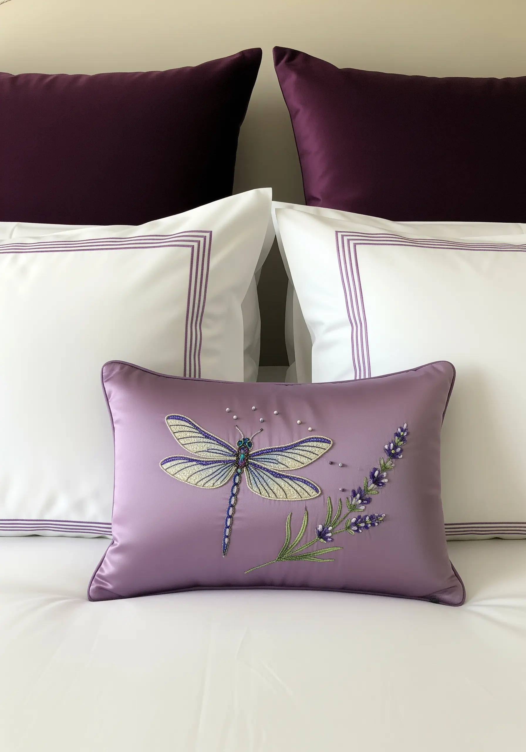 A lavender satin pillow with an embroidered dragonfly with beaded wings next to a lavender sprig.