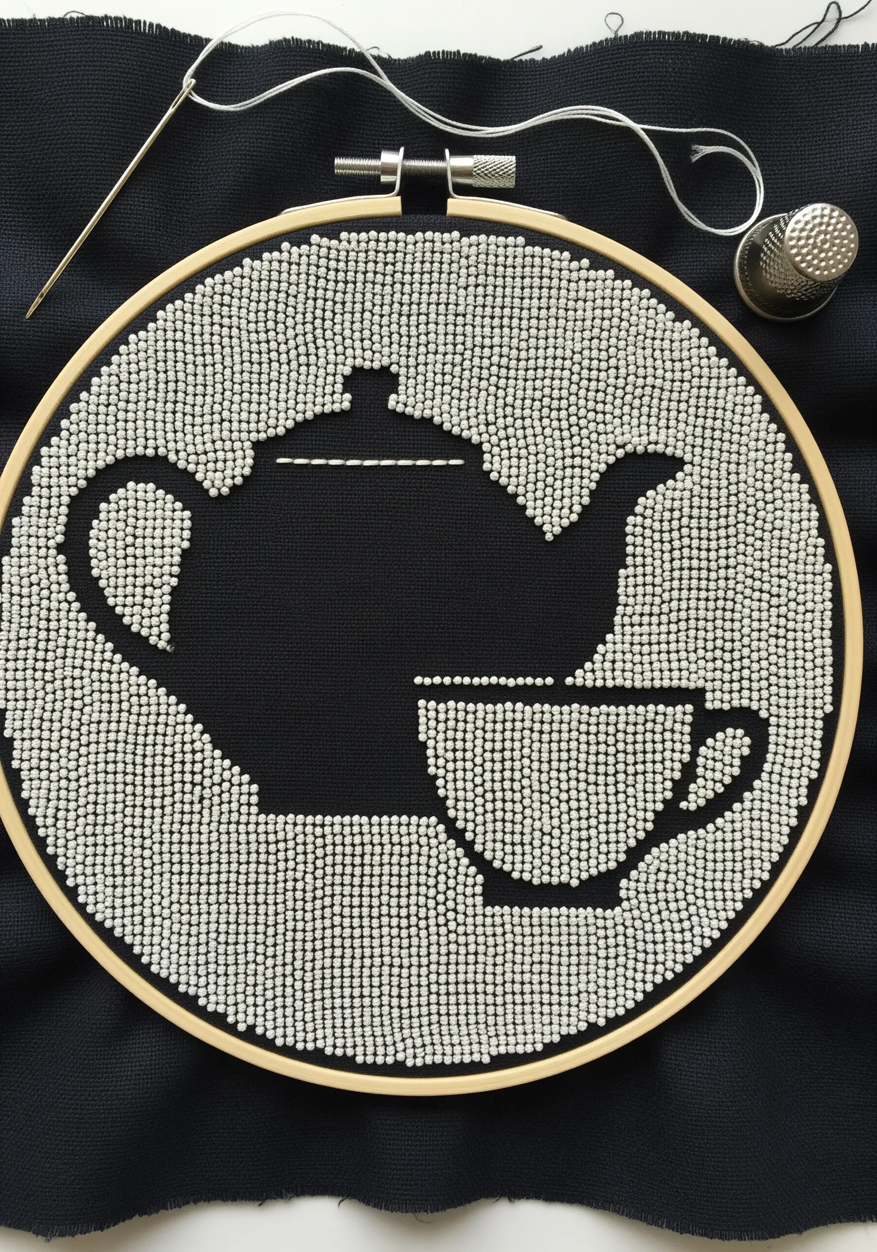 A teapot and cup silhouette created with negative space, surrounded by white seed beads.