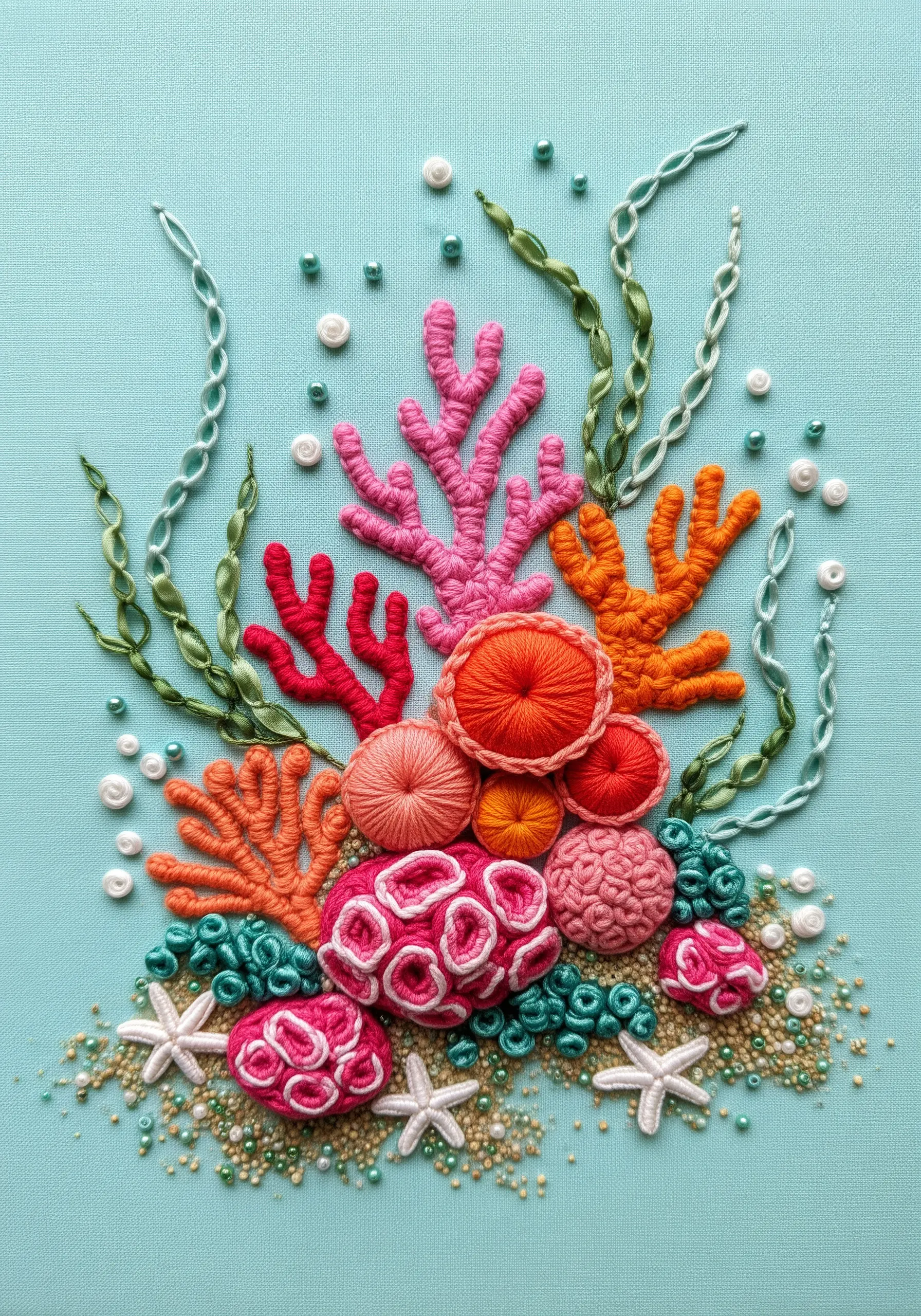 A vibrant coral reef scene with padded satin stitch, French knots, ribbon, and beadwork.