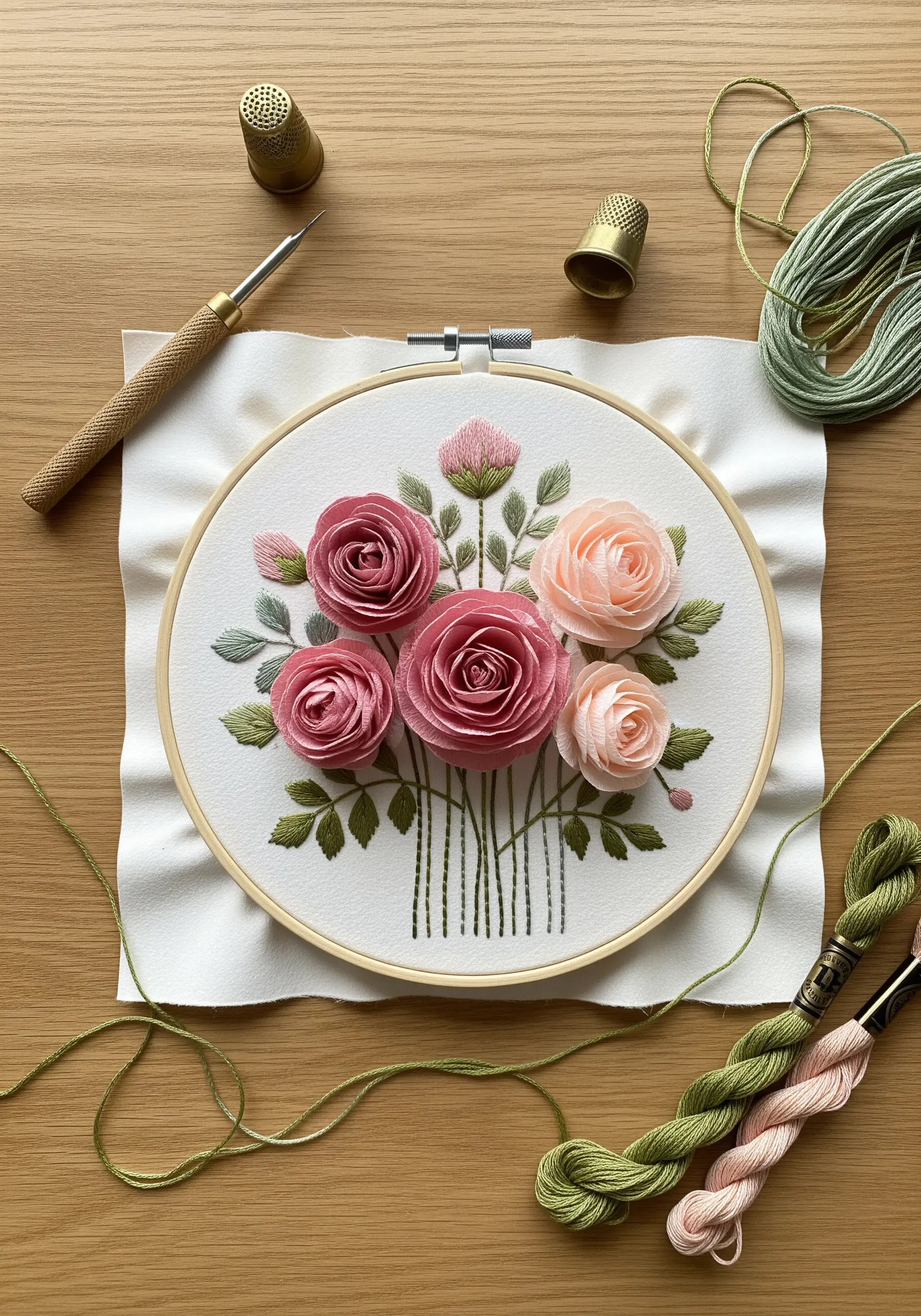 3D ribbon embroidery roses in shades of pink inside a wooden hoop.