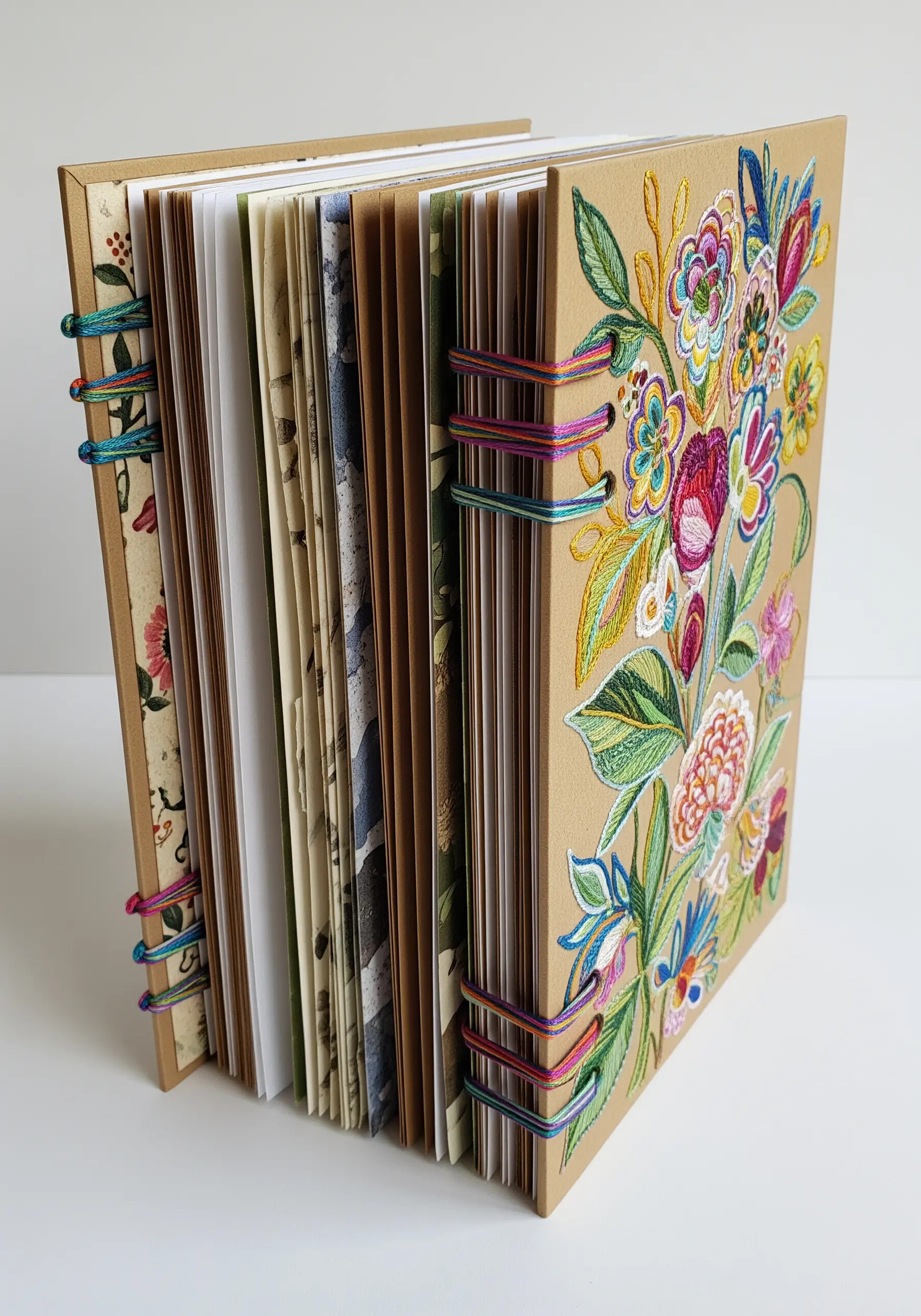 A hand-bound journal with a floral design embroidered directly onto the kraft paper cover.