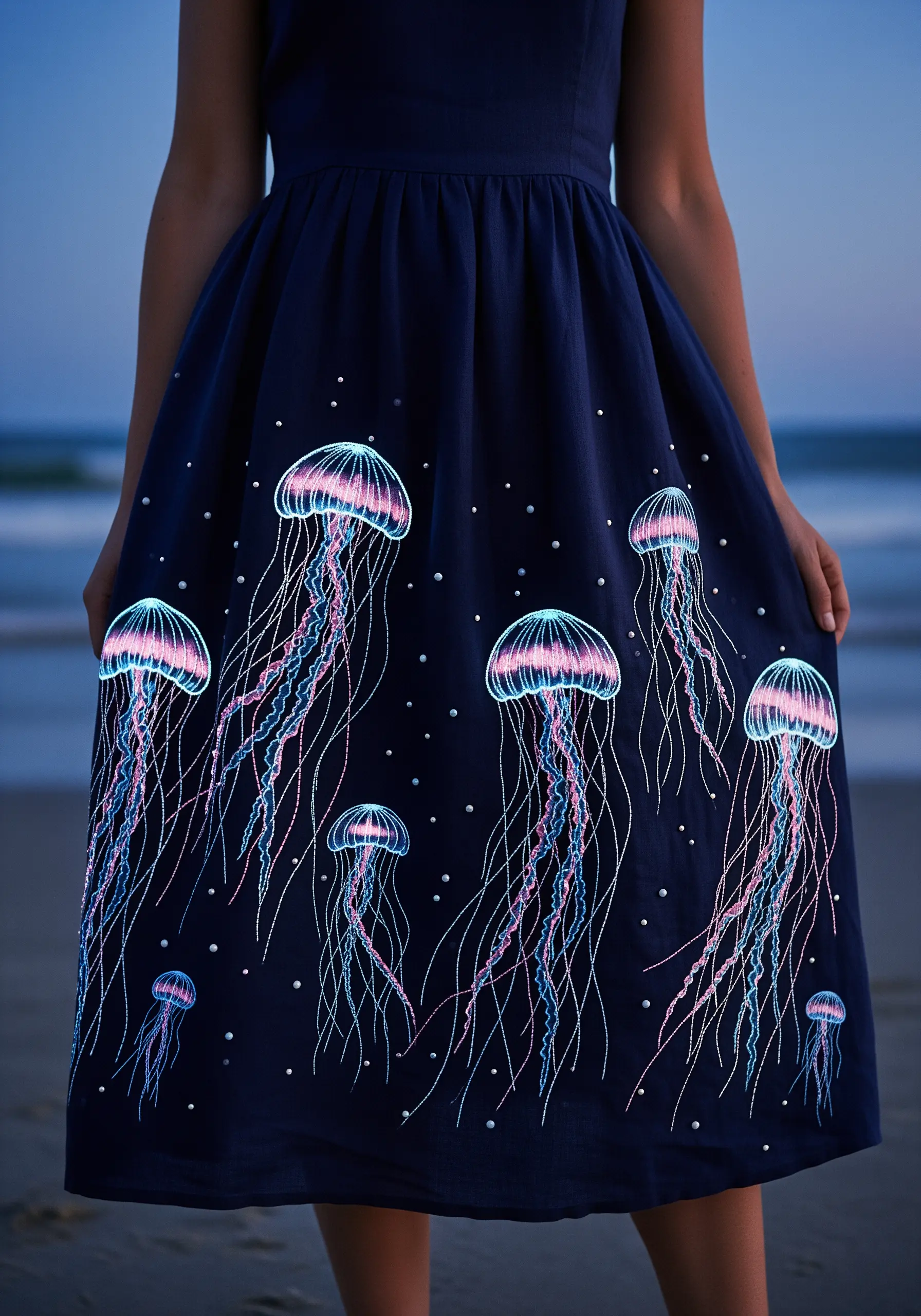 Glowing jellyfish embroidered in neon and white threads on the skirt of a dark blue dress.