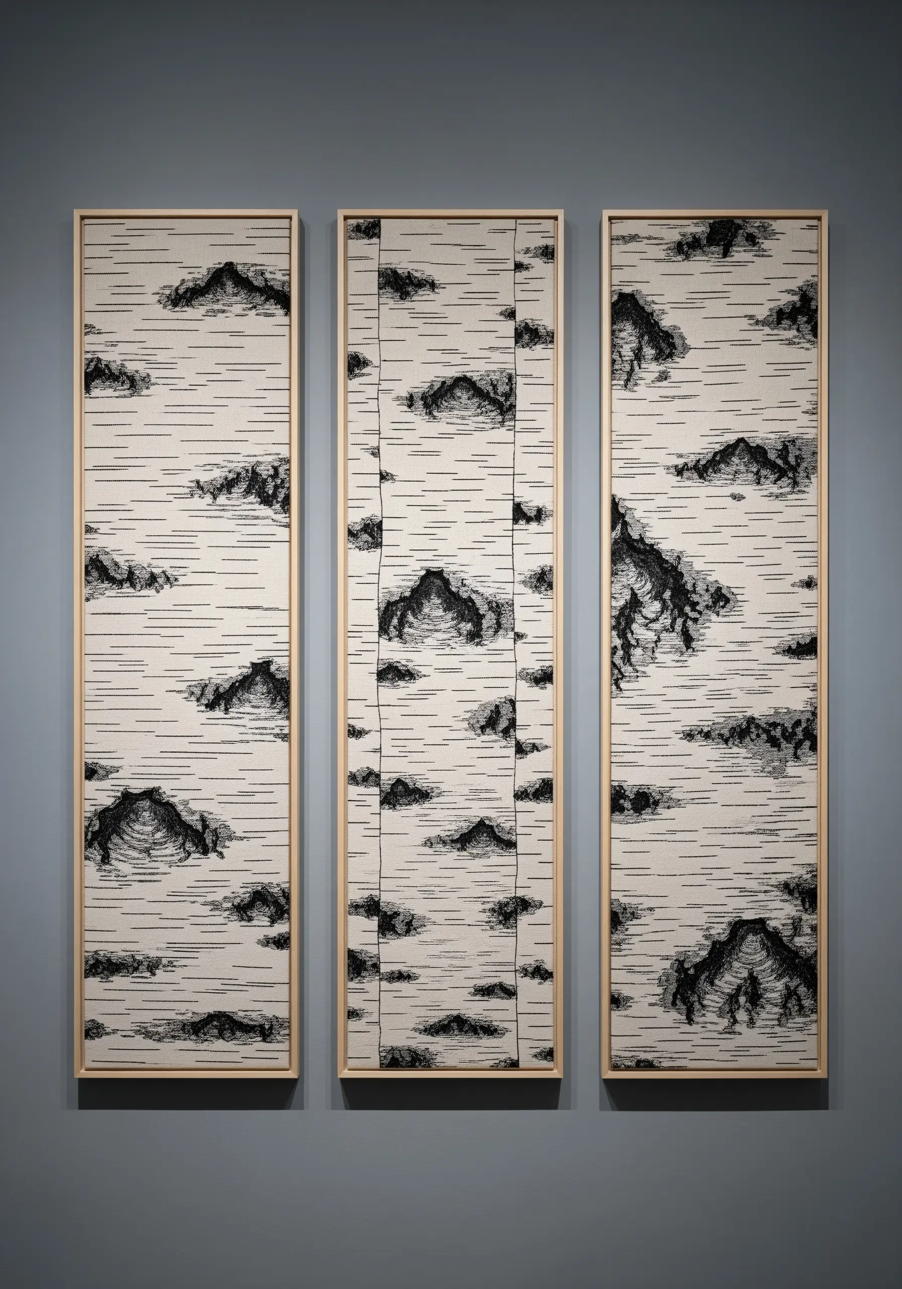 A triptych of framed embroidery panels showing minimalist black stitches on white fabric to mimic birch bark.
