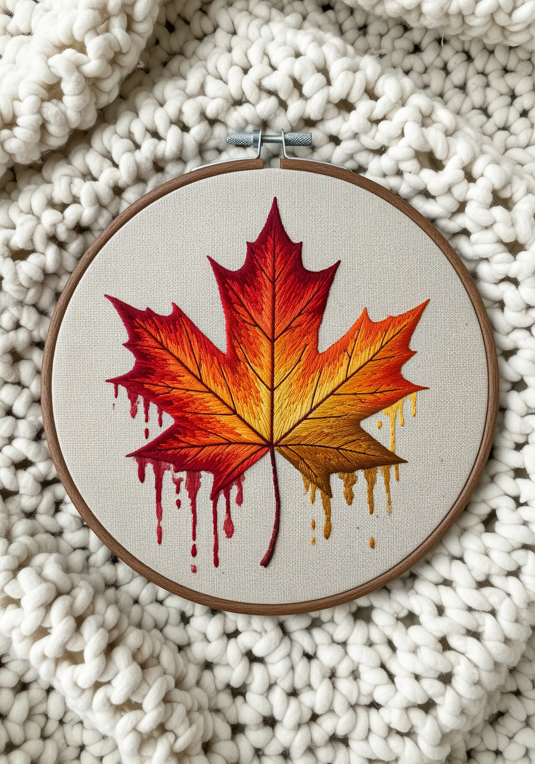 A thread-painted maple leaf with a red-to-yellow gradient, featuring a dripping paint effect.