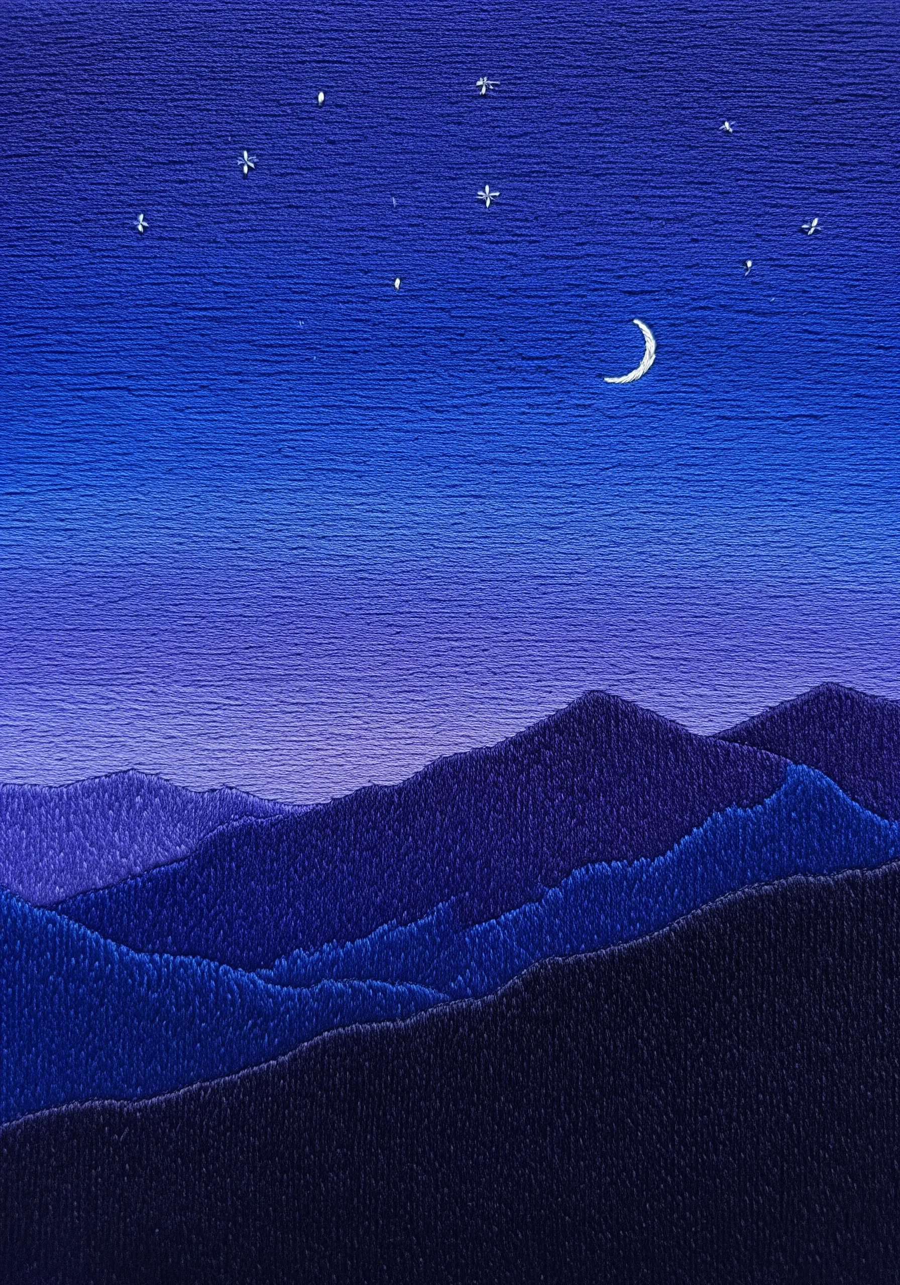 Minimalist embroidery of a deep blue to purple night sky gradient with a crescent moon.