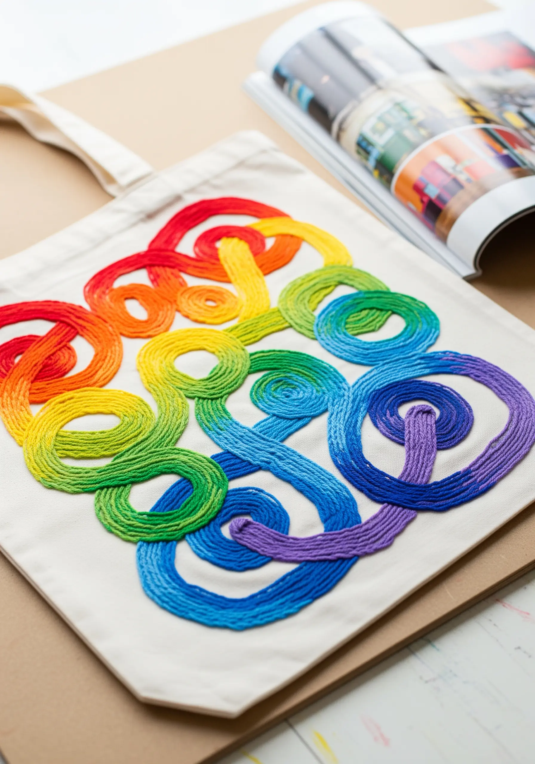 A complex Celtic knot design embroidered with a smooth rainbow color gradient.