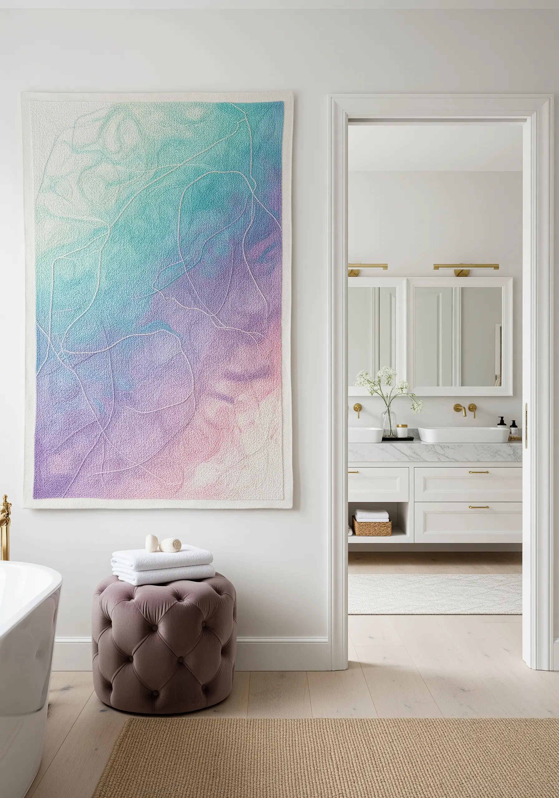 A large wall hanging with a soft pastel gradient of blue, purple, and pink, resembling a watercolor painting.