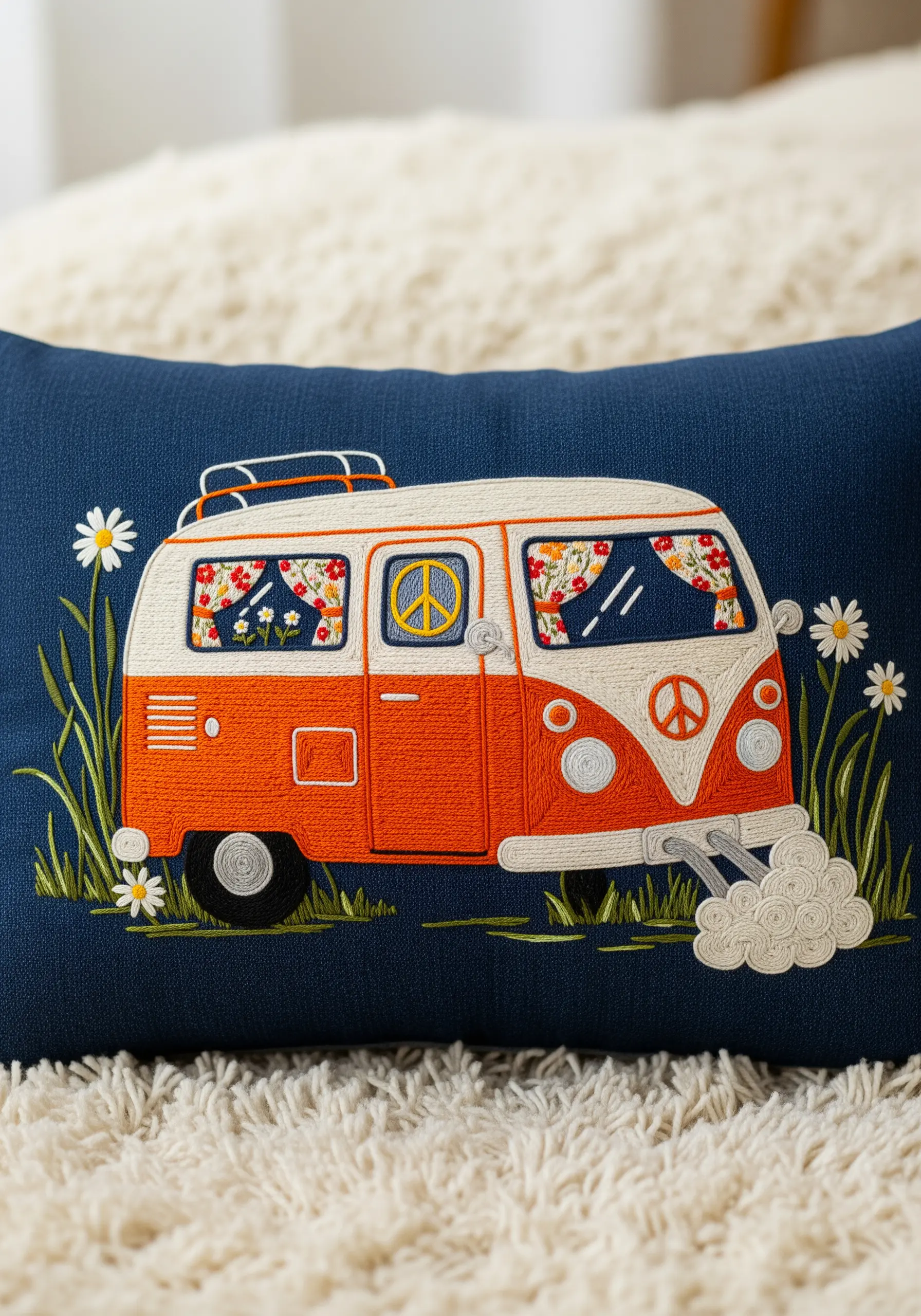Embroidered VW bus with floral fabric appliqué for curtains and a peace sign.