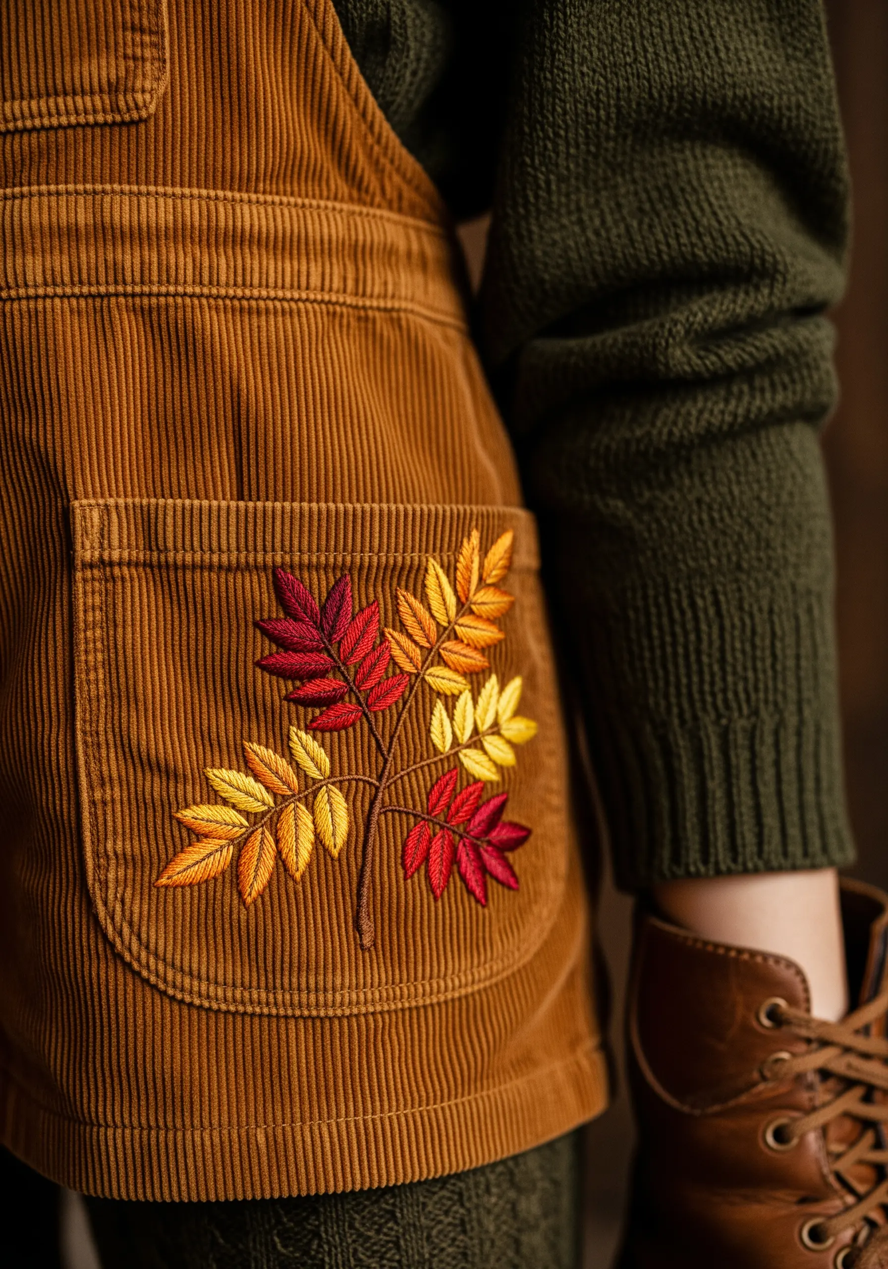 A branch with autumn-colored leaves embroidered on the pocket of a brown corduroy jumper.