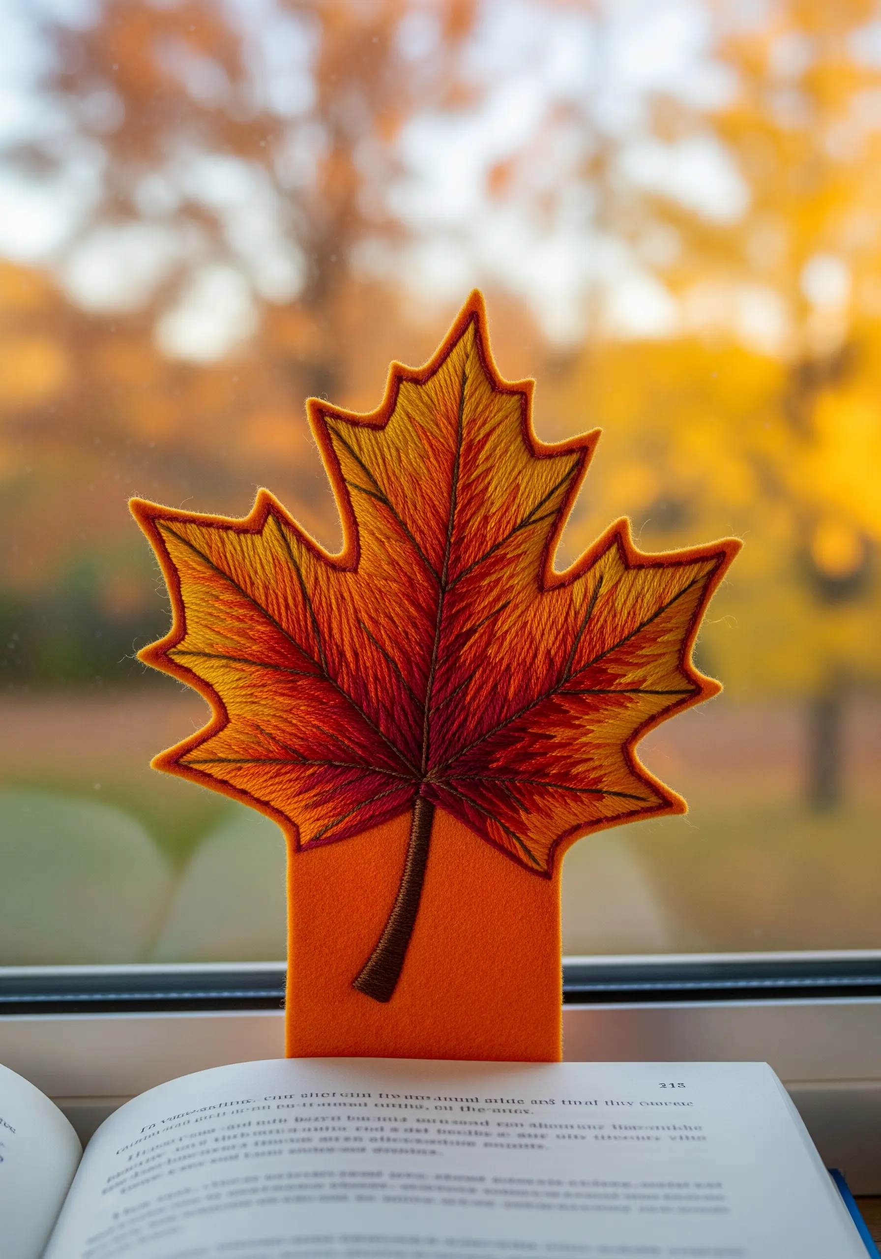 Realistic thread-painted maple leaf bookmark with a fiery red-to-yellow color gradient.