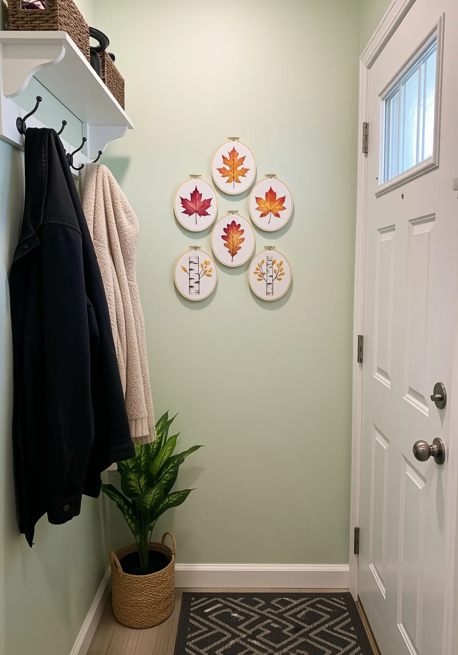 A cluster of six embroidery hoops with autumn leaves and birch trees in an entryway.