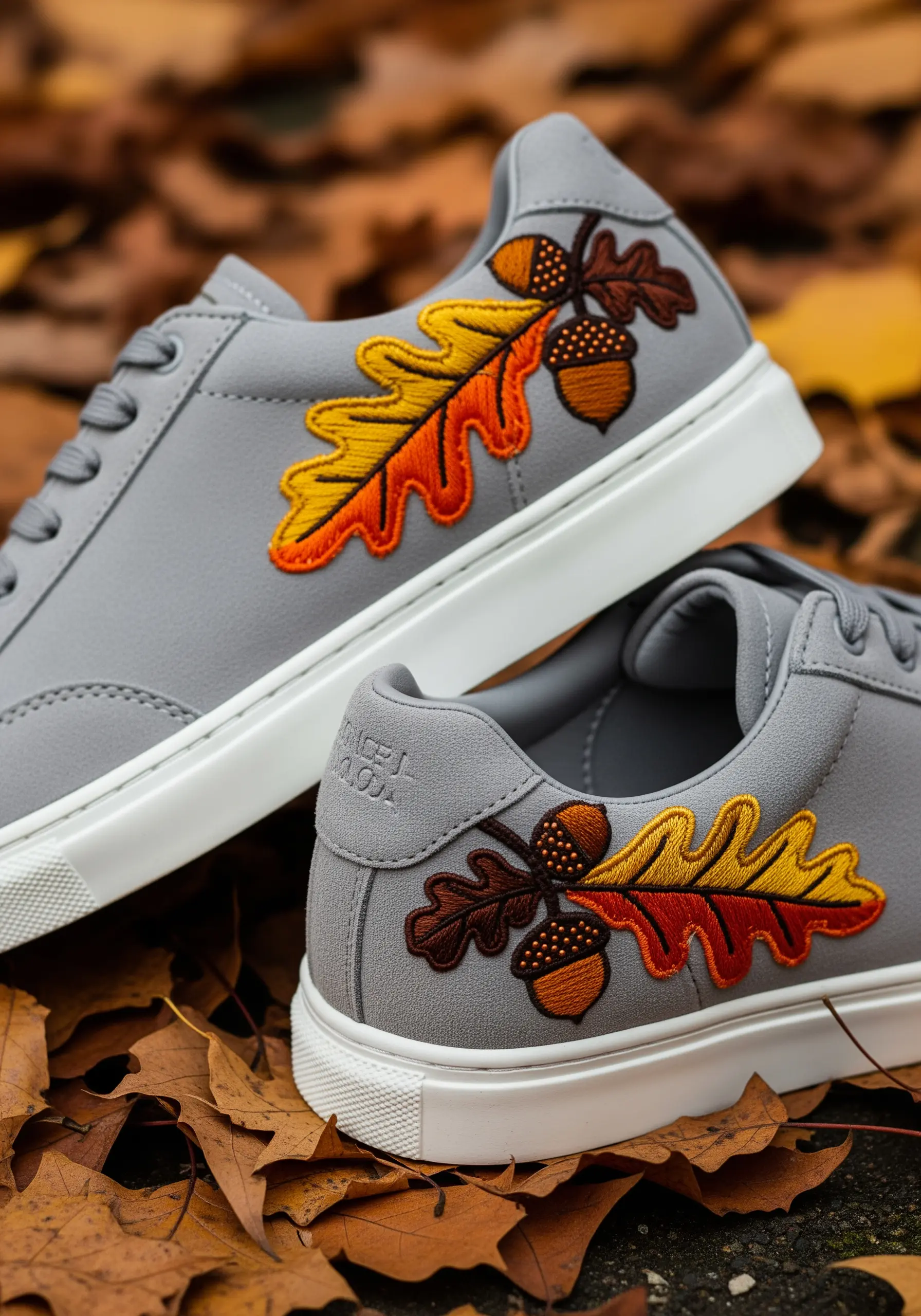 Autumnal oak leaves and acorns with color-blended embroidery on gray sneakers.