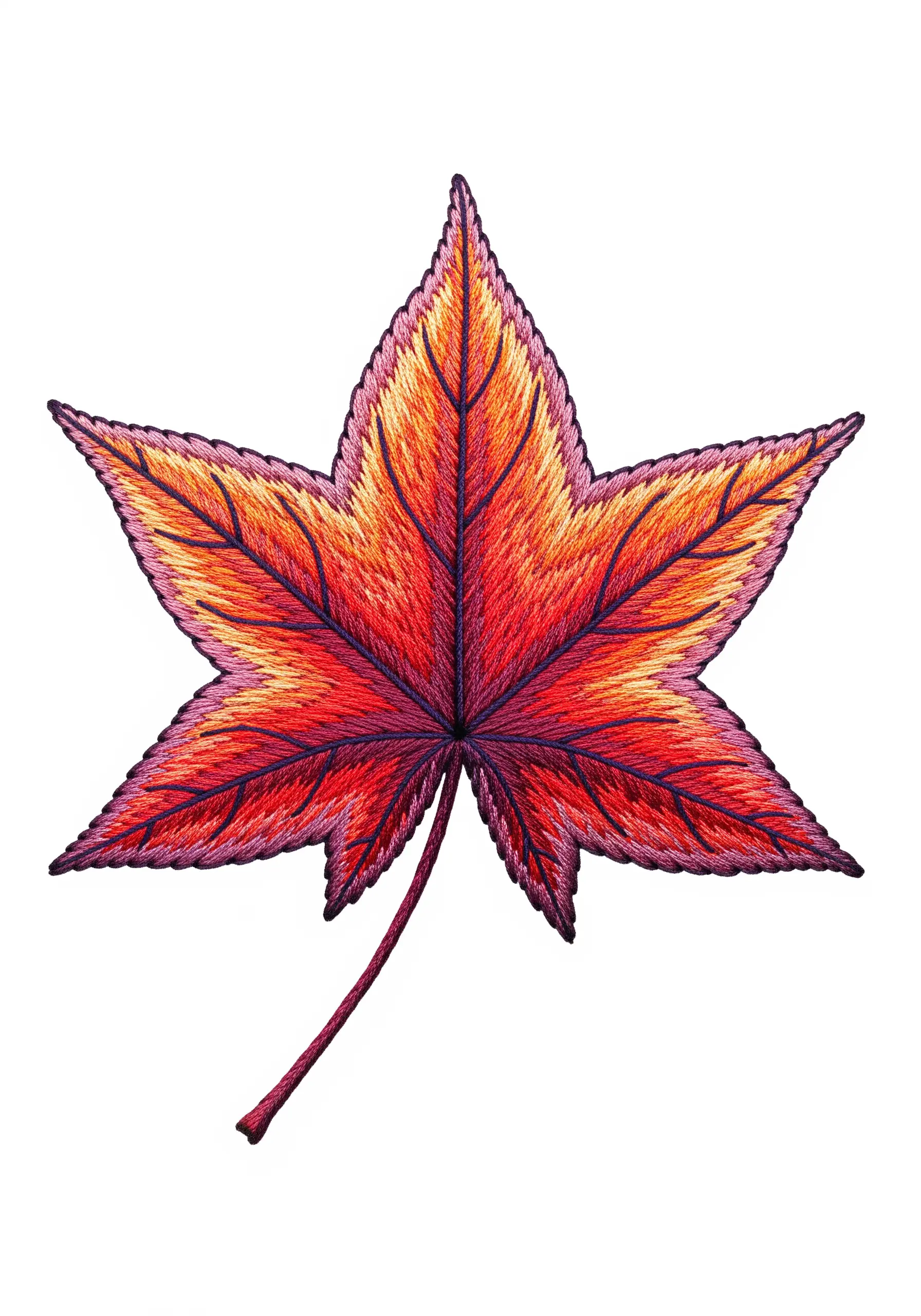 Thread-painted Japanese maple leaf with a red, orange, and yellow gradient.