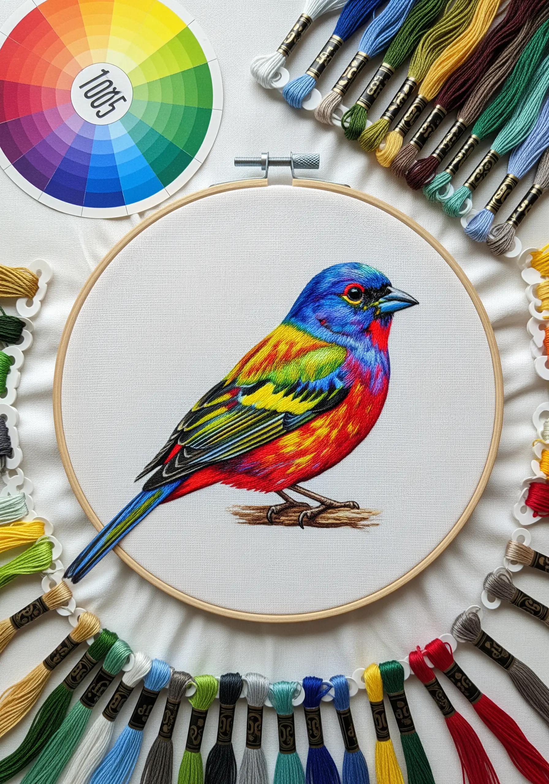A vibrant painted bunting embroidery showcasing seamless color blending.