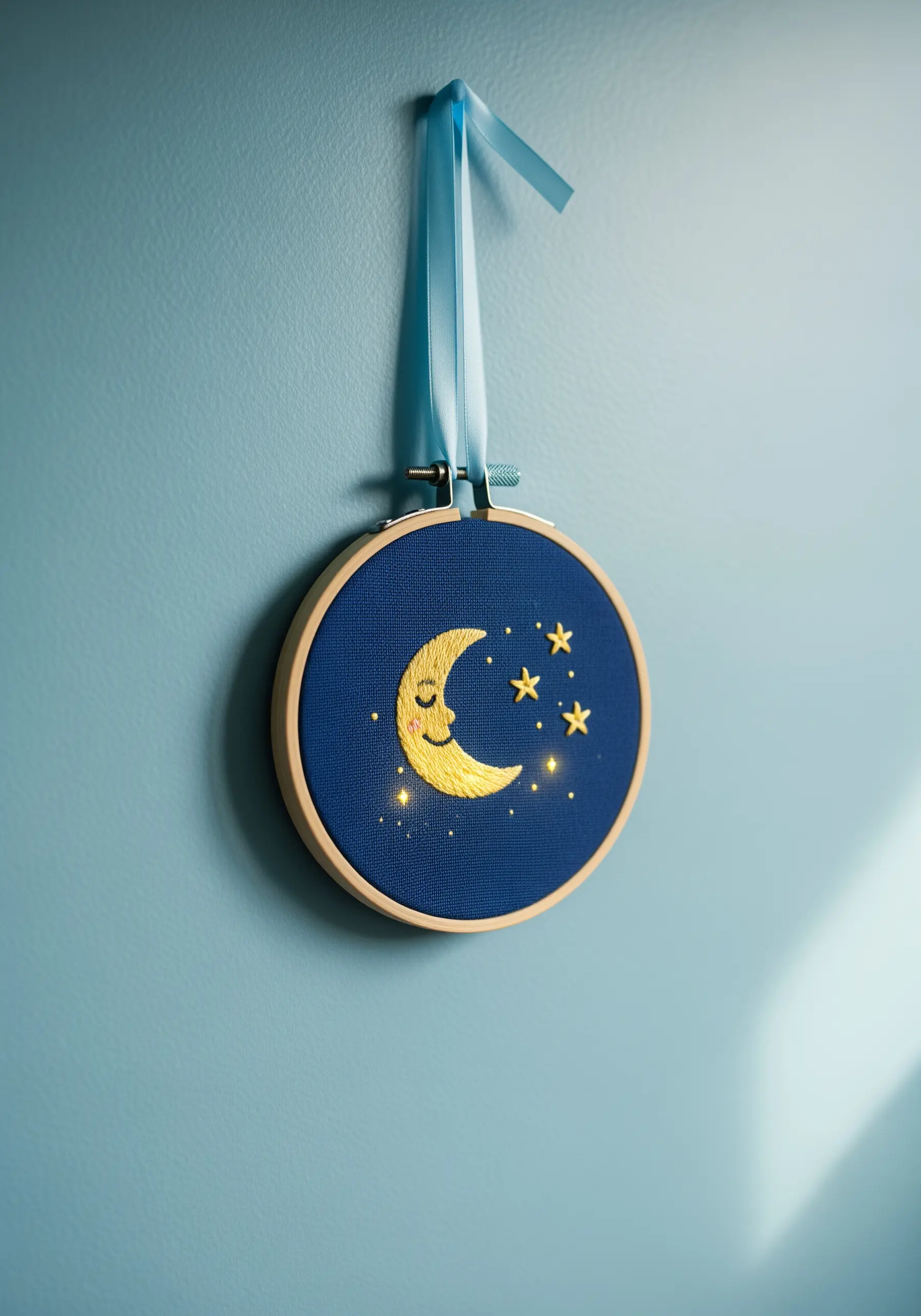 A smiling crescent moon with blended yellow thread on a dark blue background.