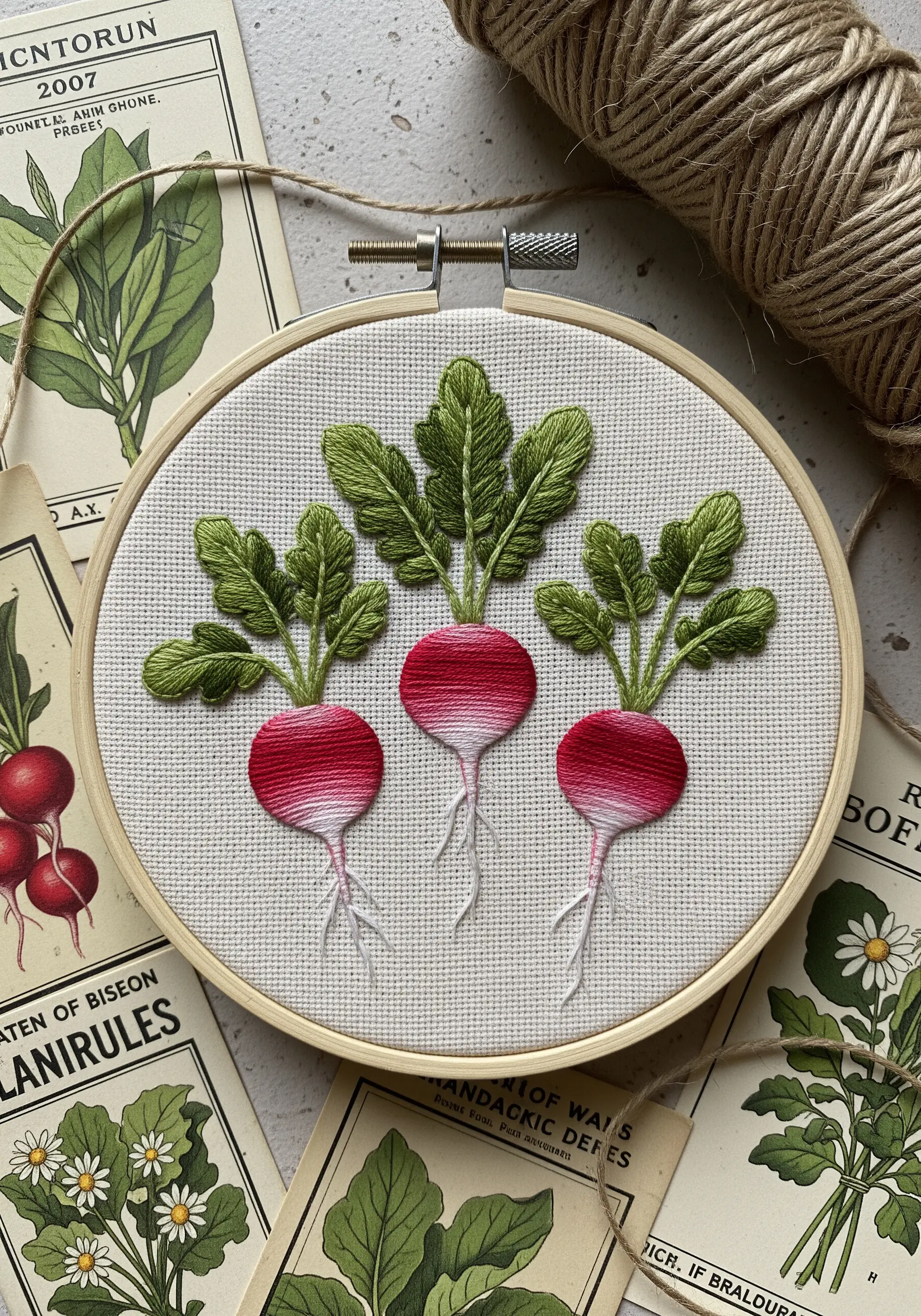 Three embroidered radishes showing a red-to-white gradient, with green leafy tops