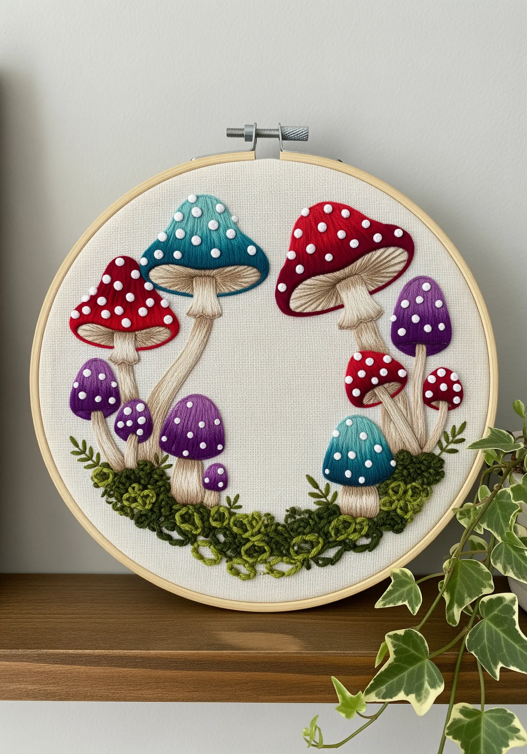 Colorful embroidered mushrooms with blended gradients and textured French knot moss.