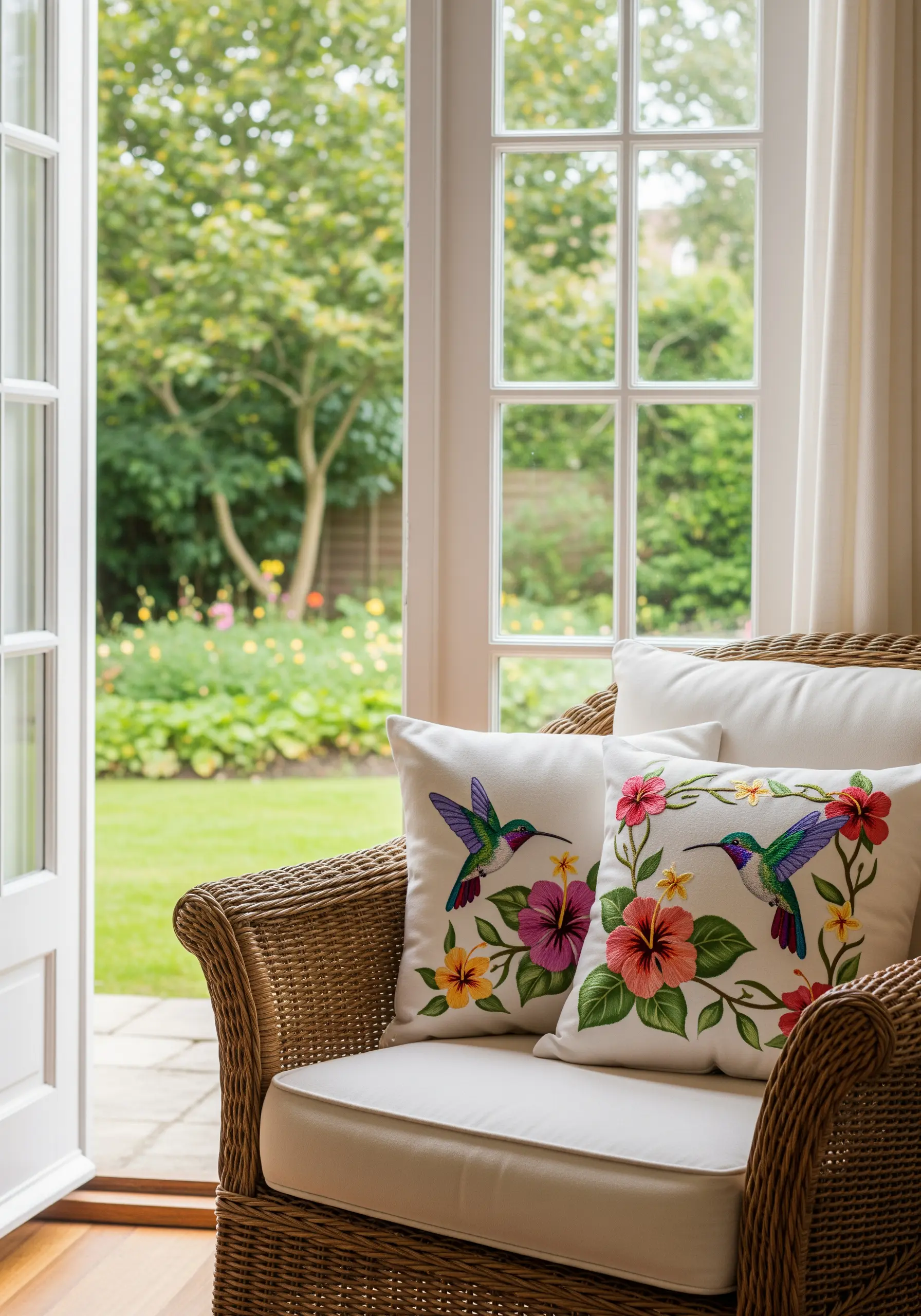 Two pillows with brightly colored, thread-painted hummingbirds and hibiscus flowers.