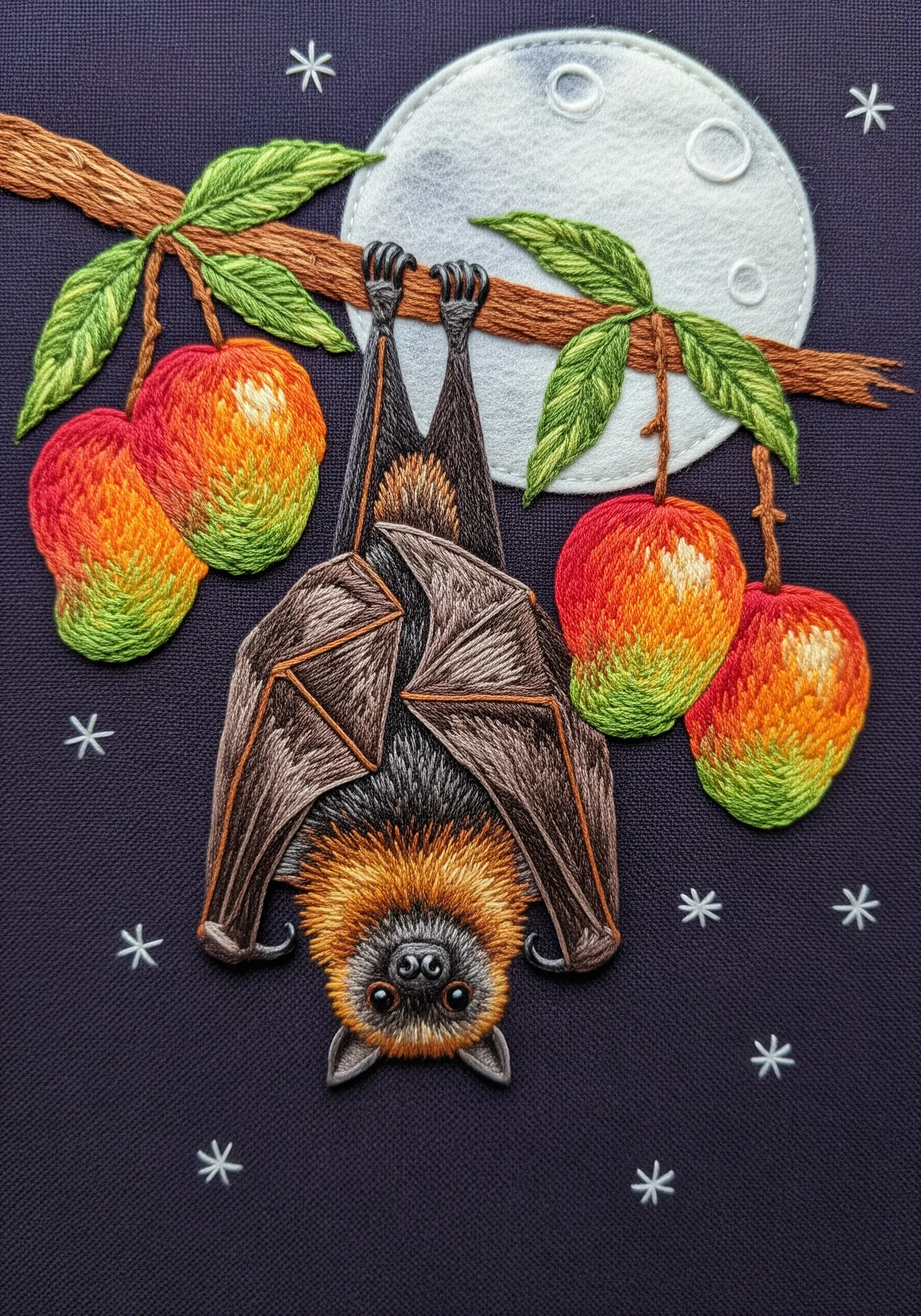 An embroidered fruit bat hanging from a branch with beautifully blended, colorful fruit.