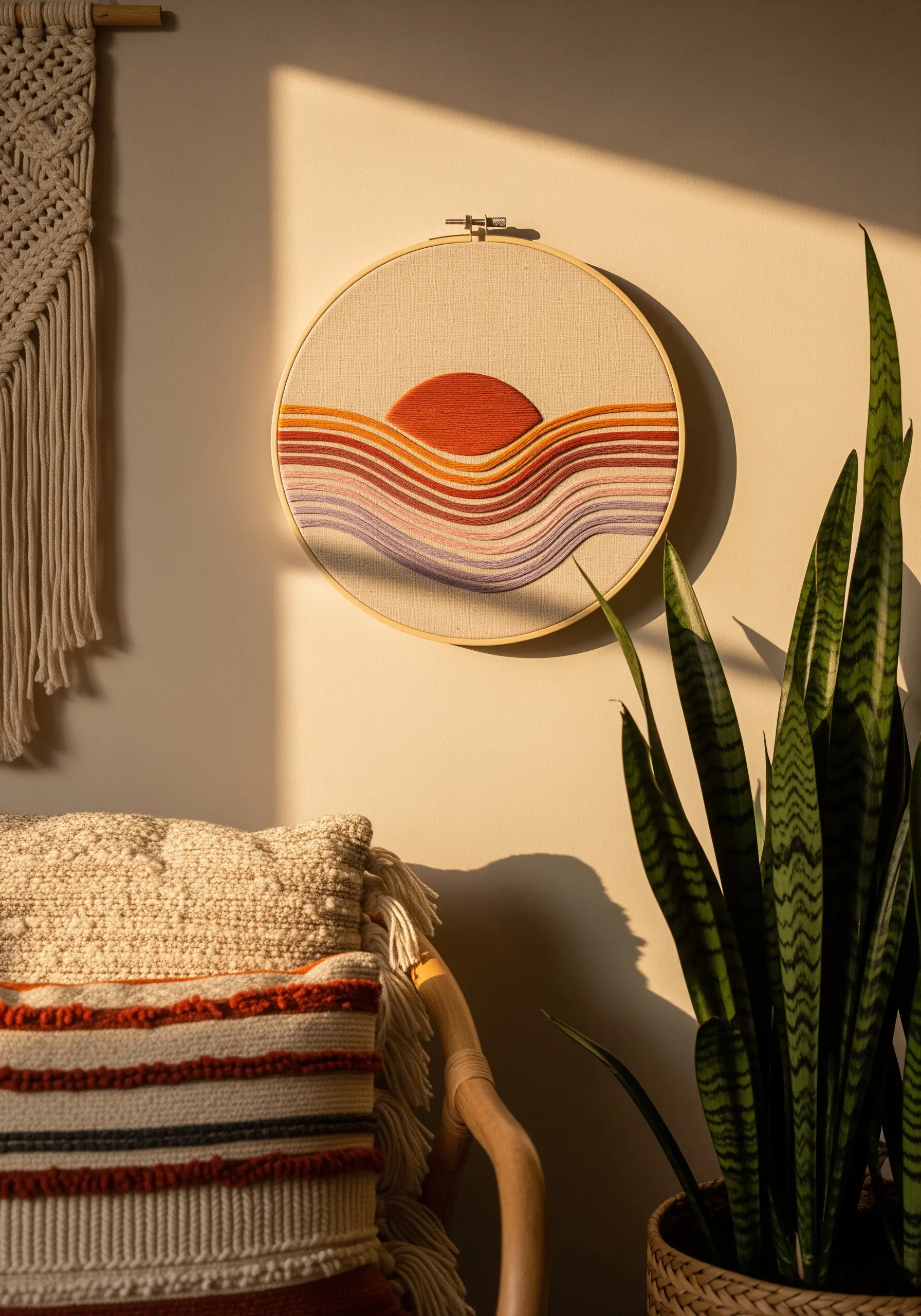 Embroidery hoop with a stylized sunset over waves, using distinct color-blocked gradients.