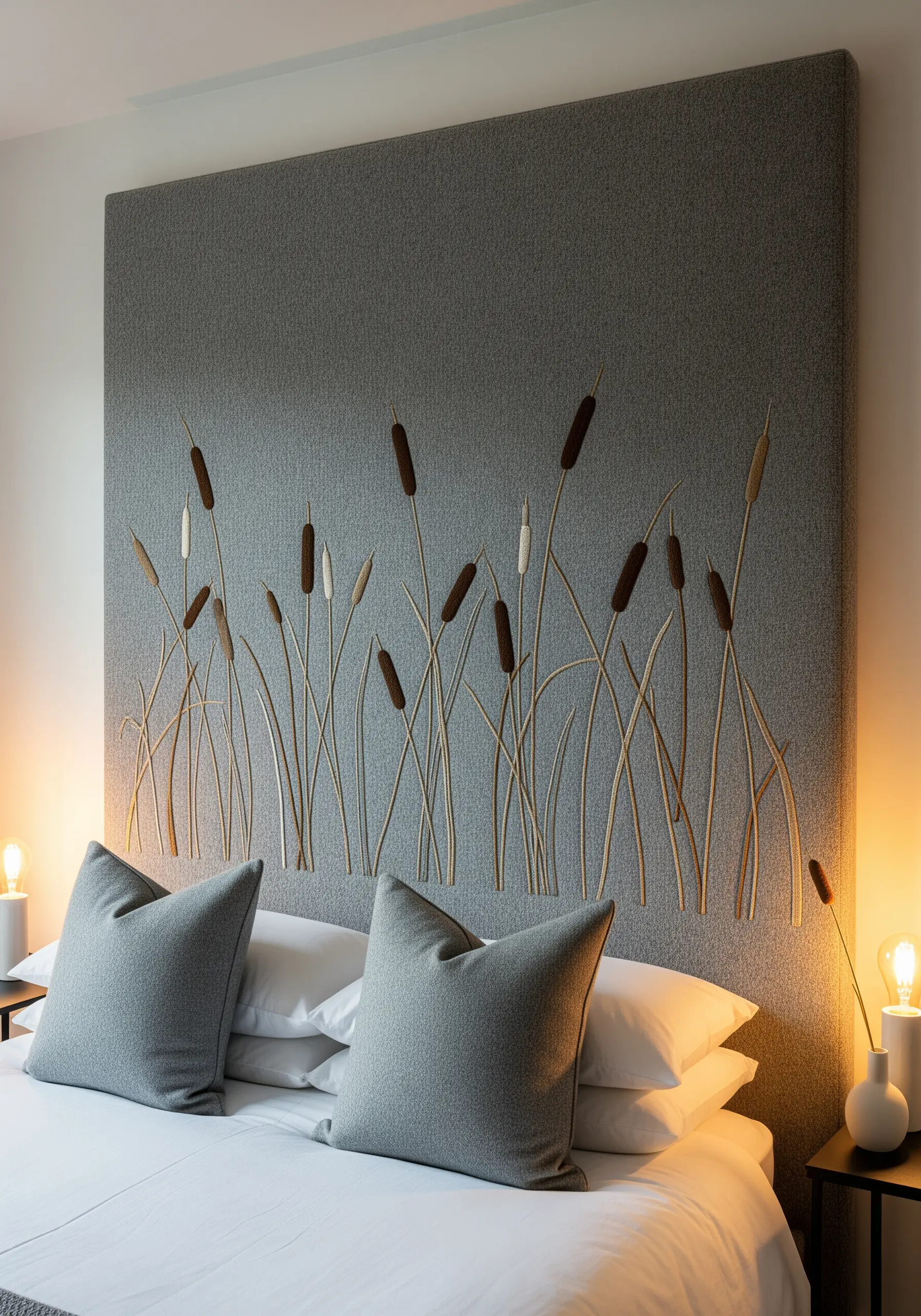 A large grey headboard decorated with three-dimensional cattail sculptures and embroidered stems.