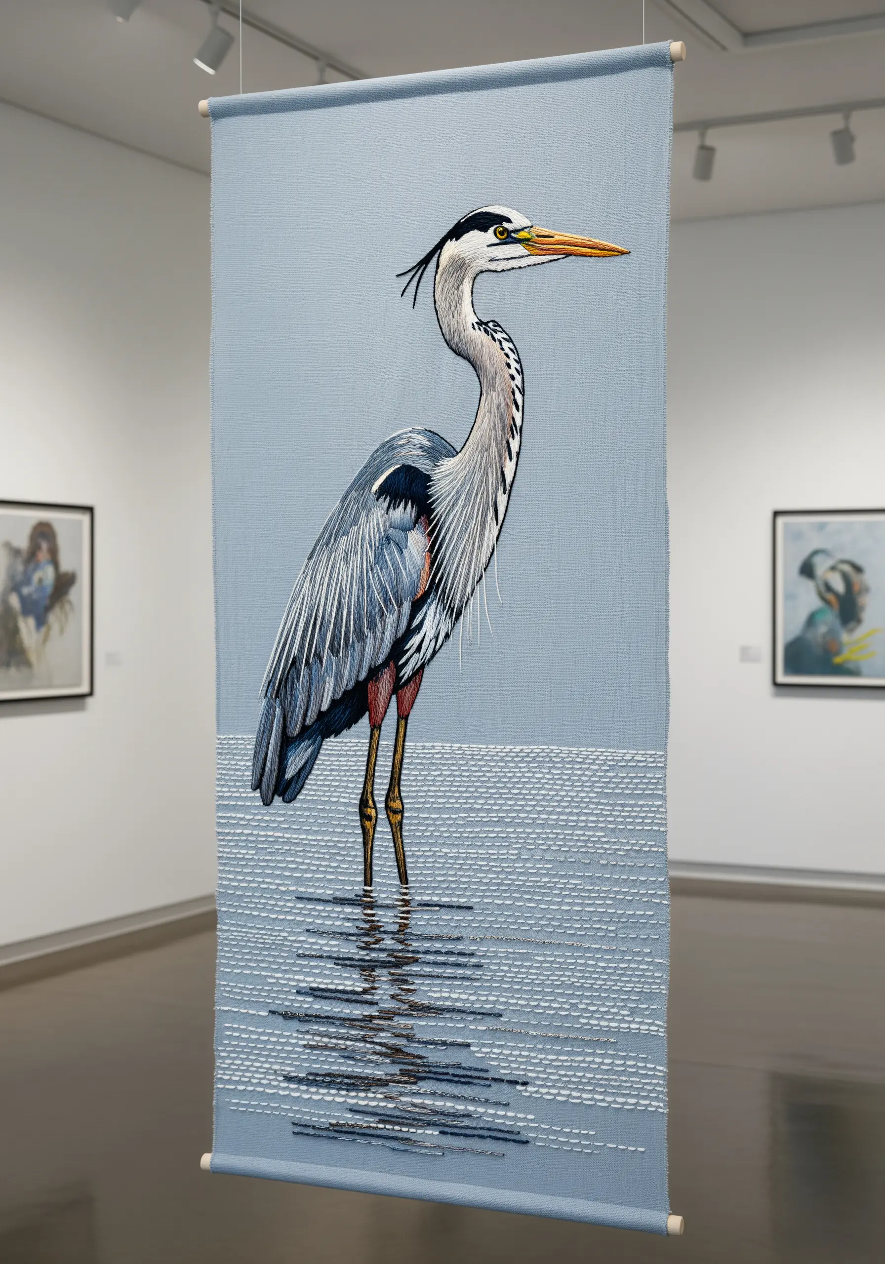 A large embroidered heron tapestry with woven thread creating water reflections.