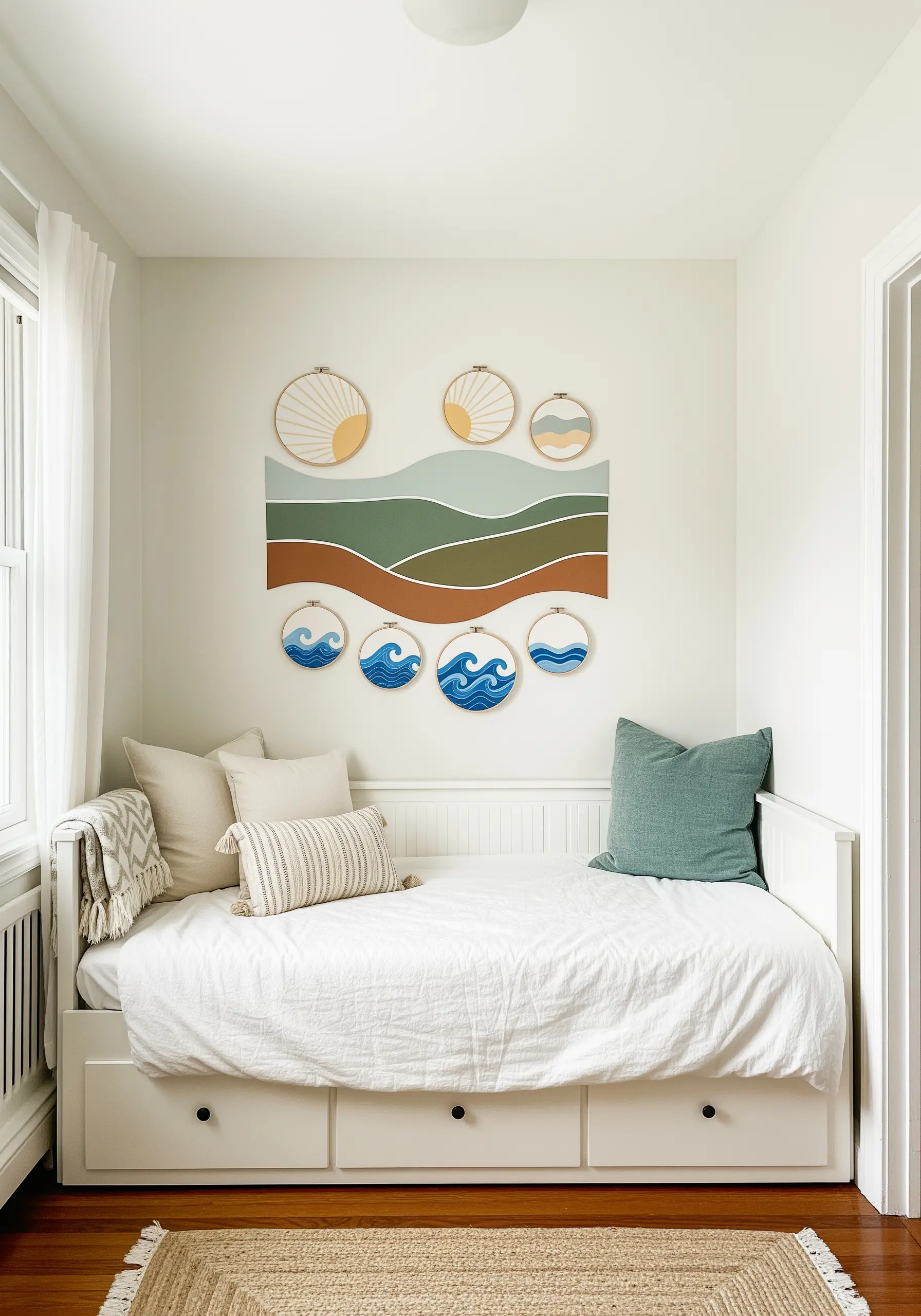 Embroidery hoops arranged over a painted wall mural that extends the landscape design