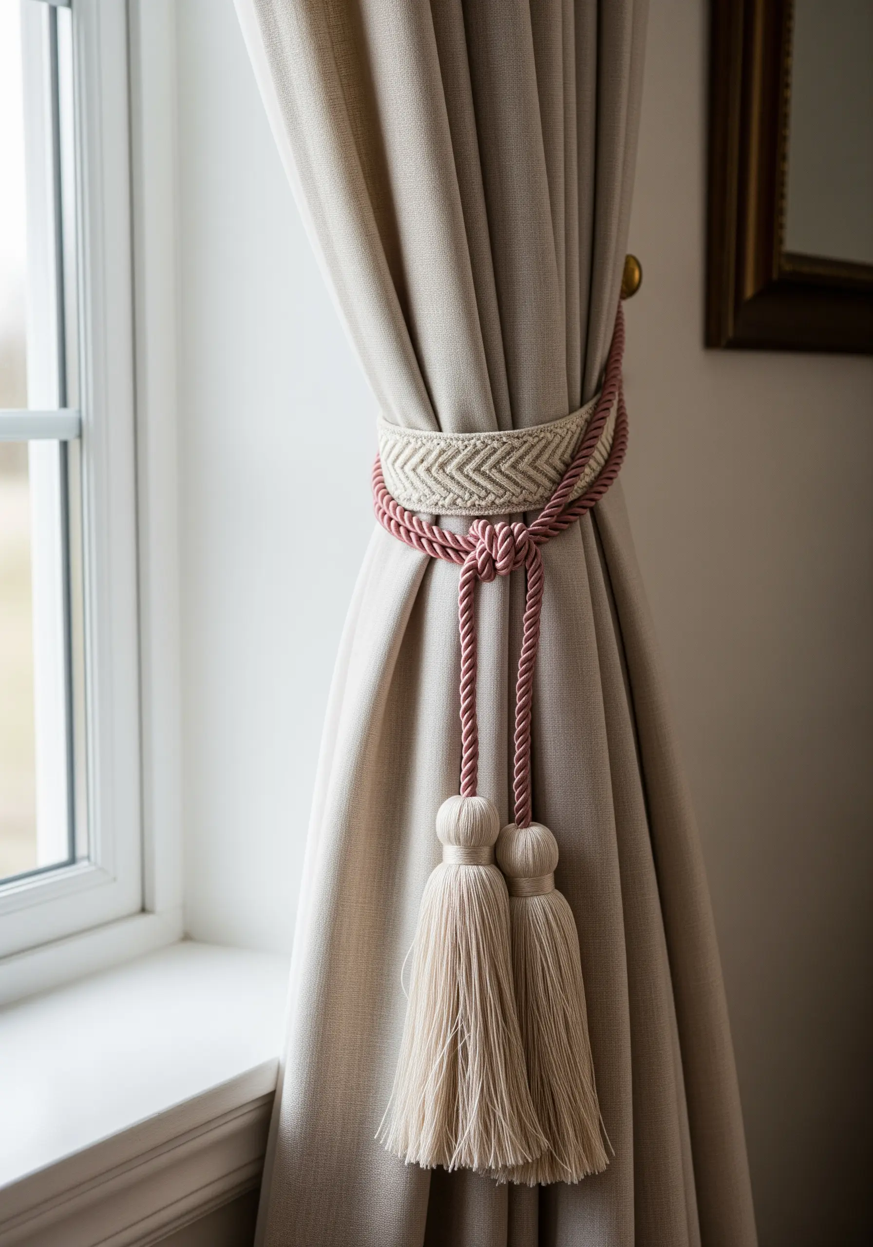 A dusty rose and ivory curtain tie-back combining a geometric embroidered band and large tassels.