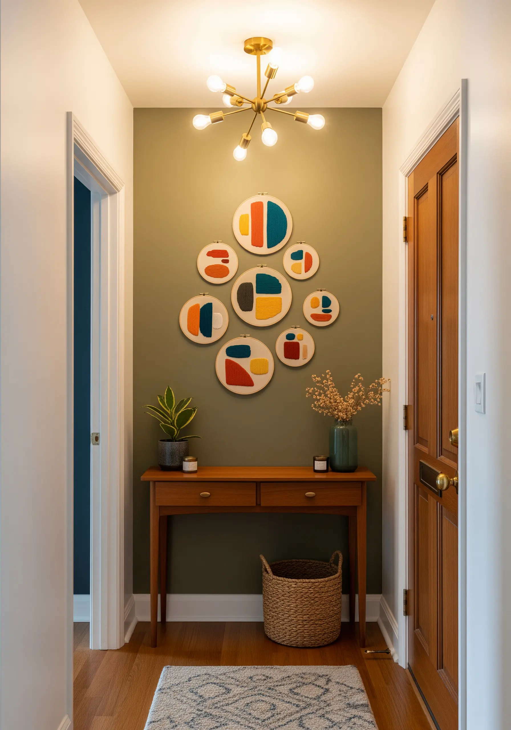 A collection of abstract color-block embroidery hoops on an olive green entryway wall.