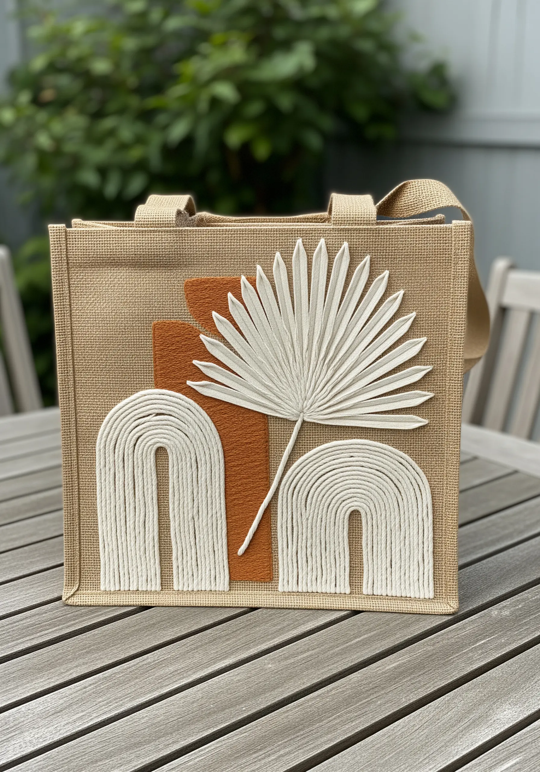 Mixed-media art on a jute tote with a yarn-stitched palm leaf and felt shapes.