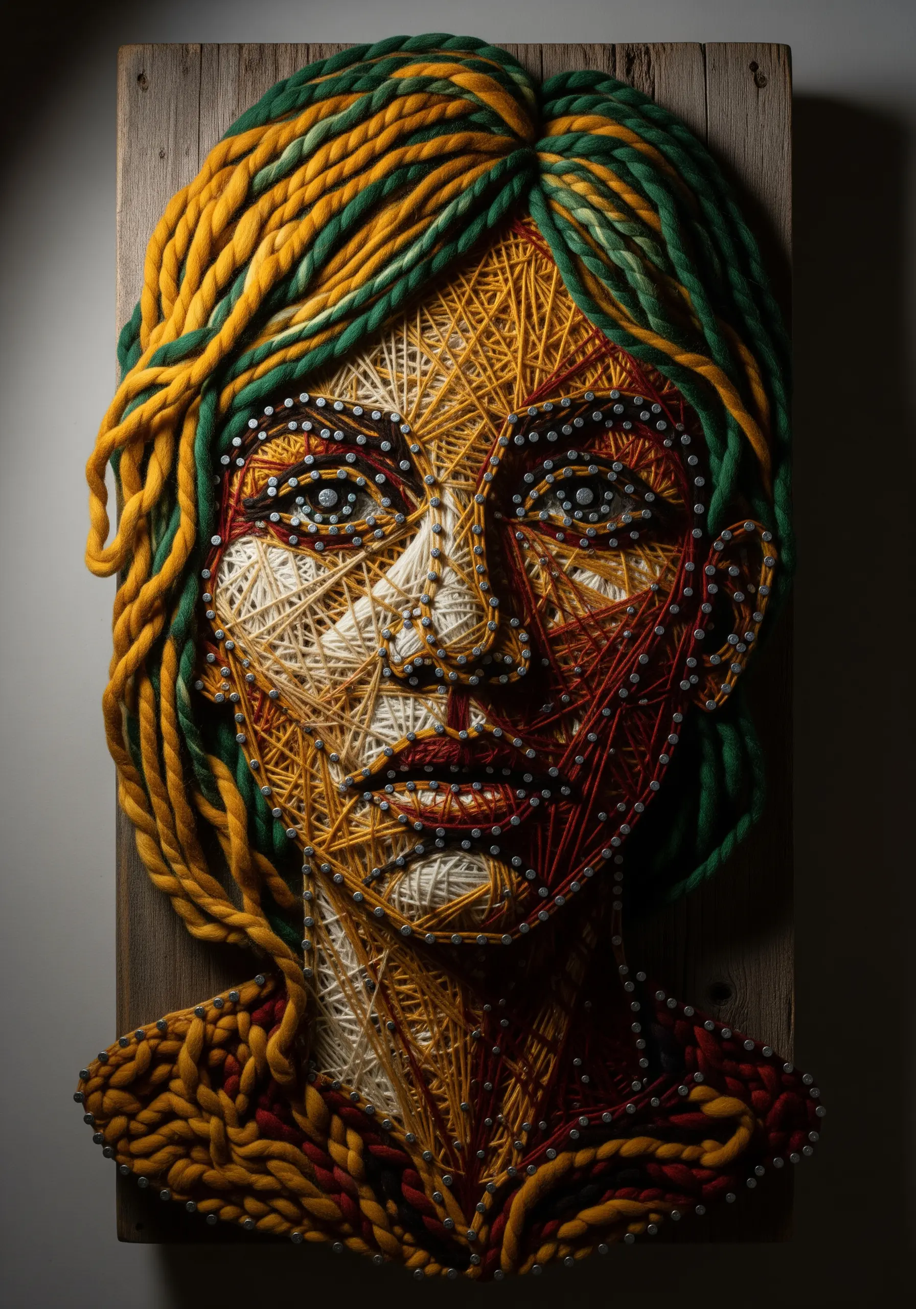 A mixed-media string art portrait combining fine thread for the face and thick yarn for the hair.