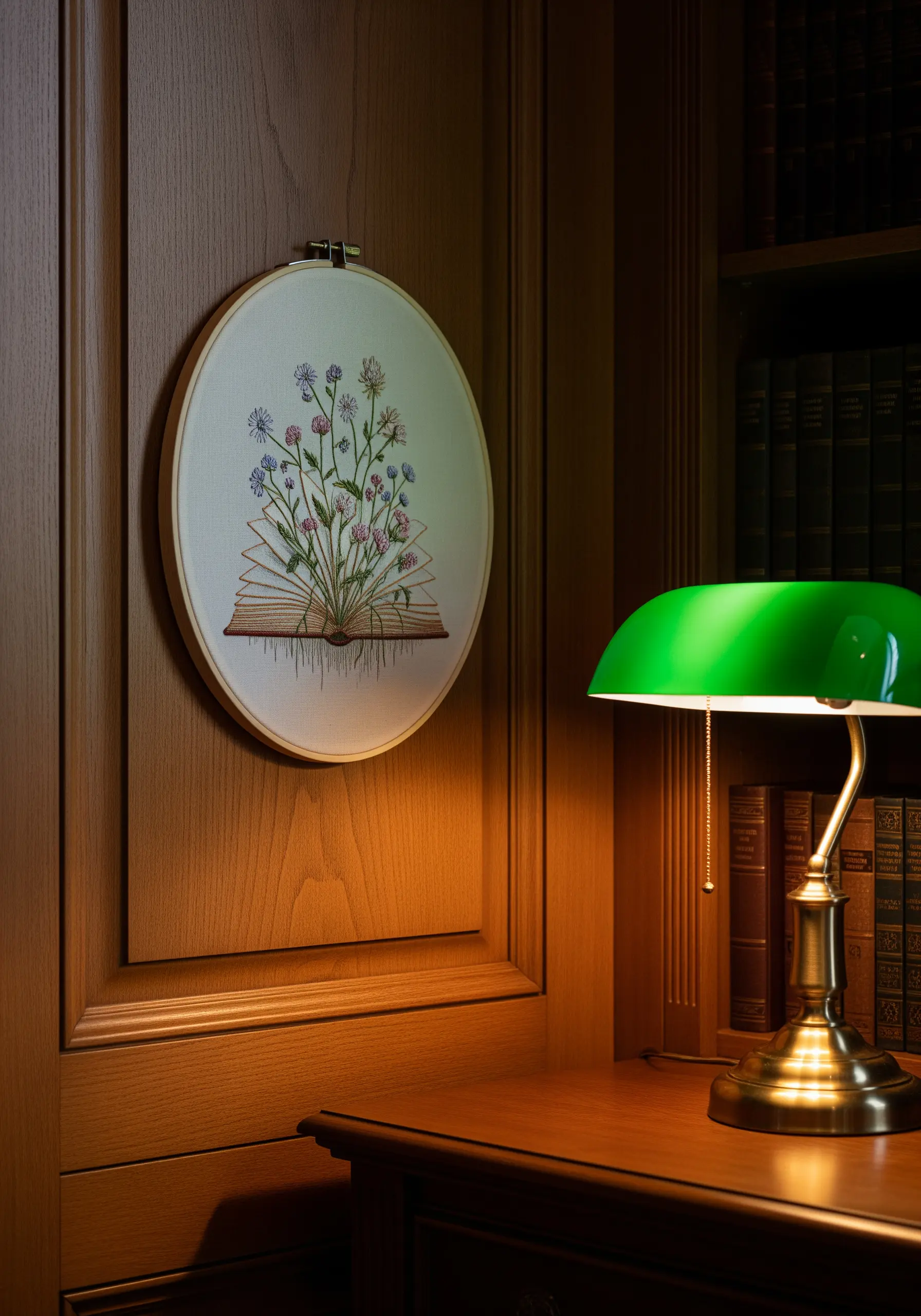 An embroidered bouquet of wildflowers growing out of an open book illustration.