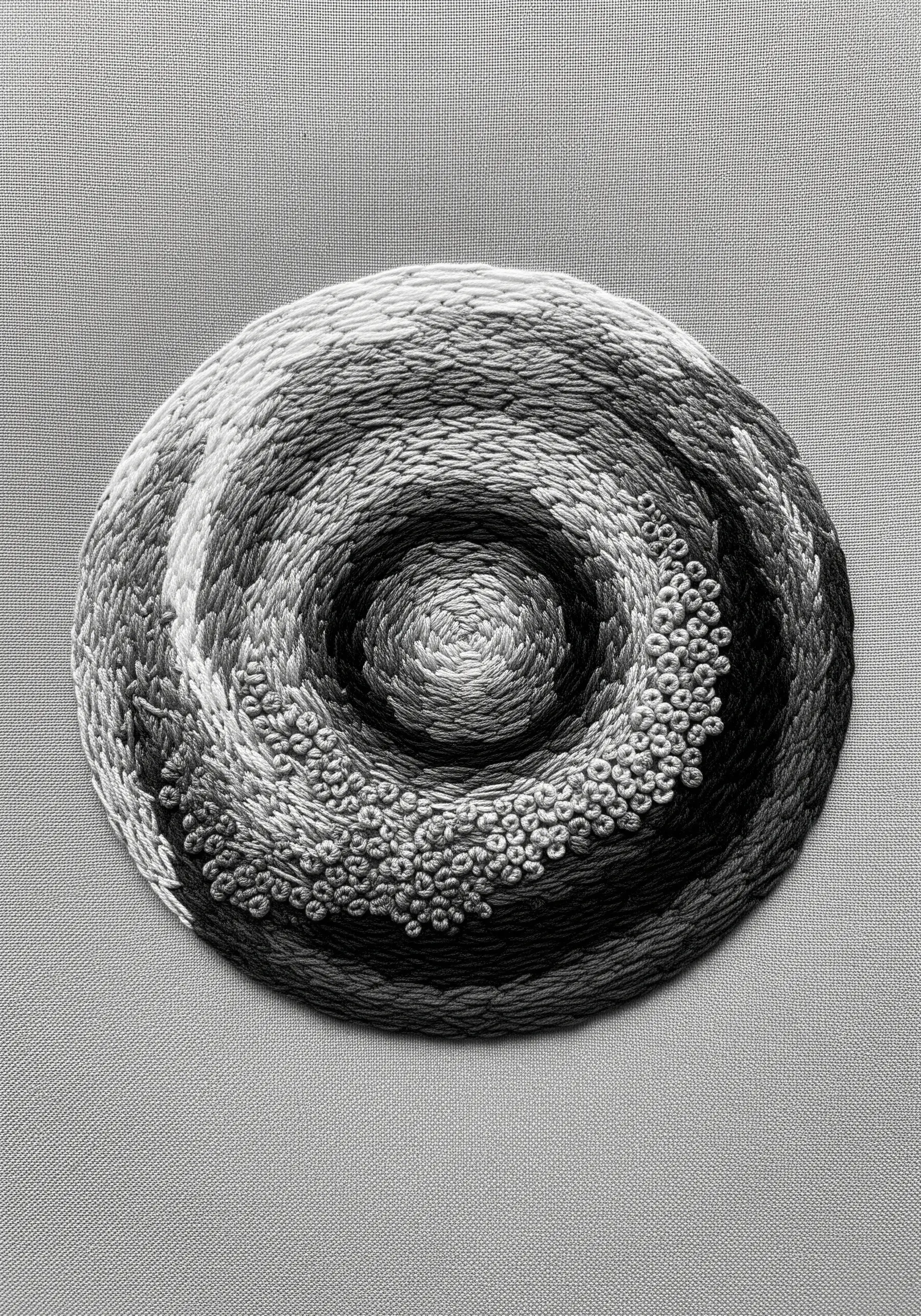A monochrome spiral embroidery blending smooth satin stitch with rough French knots.
