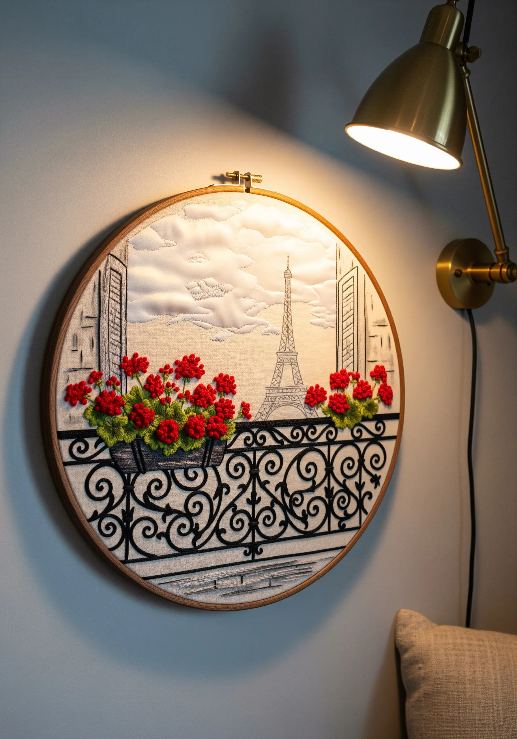 Embroidered Paris balcony scene with 3D red flowers and quilted clouds in a wooden hoop.