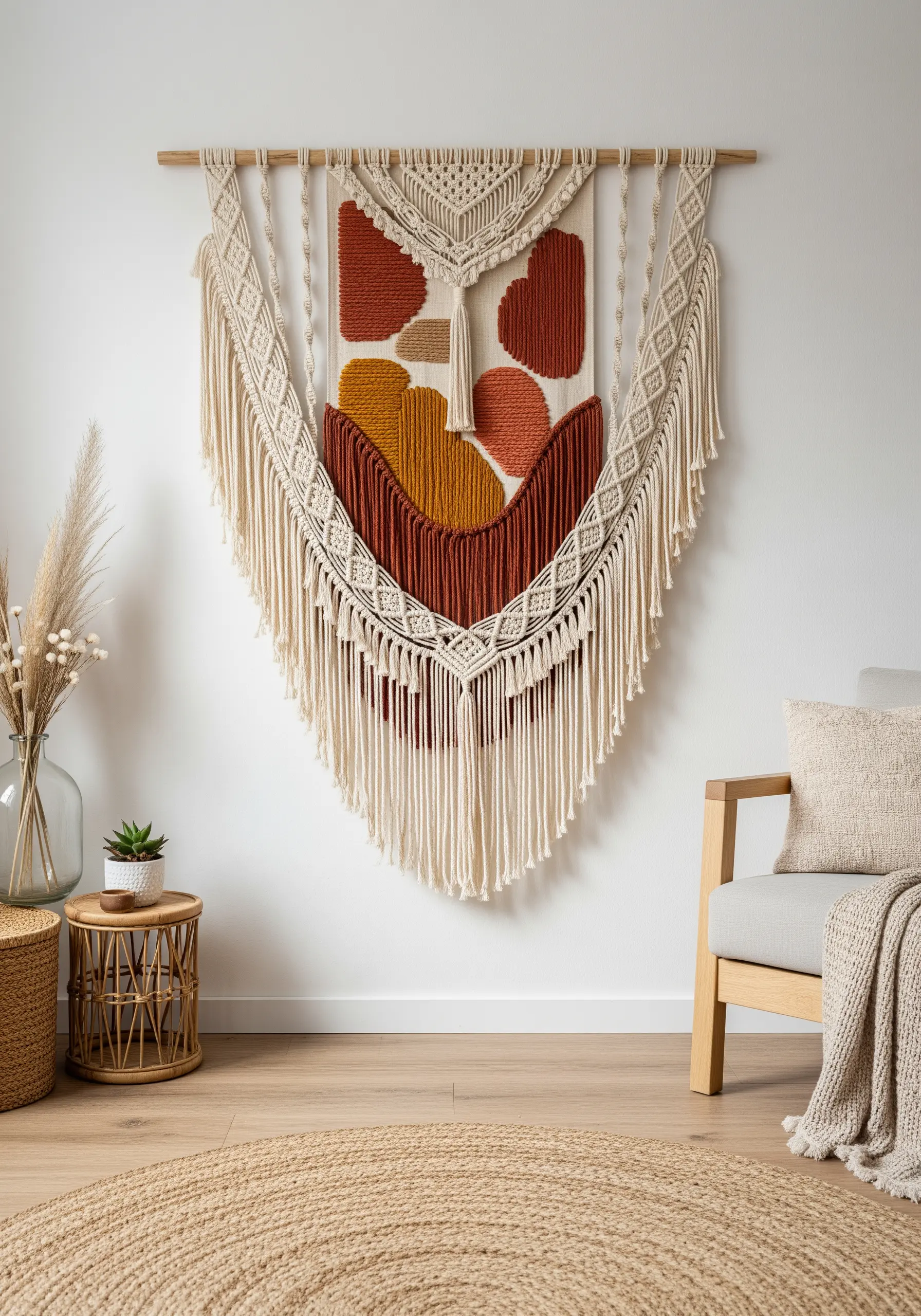 A large wall hanging combining macrame with embroidered abstract shapes in earth tones