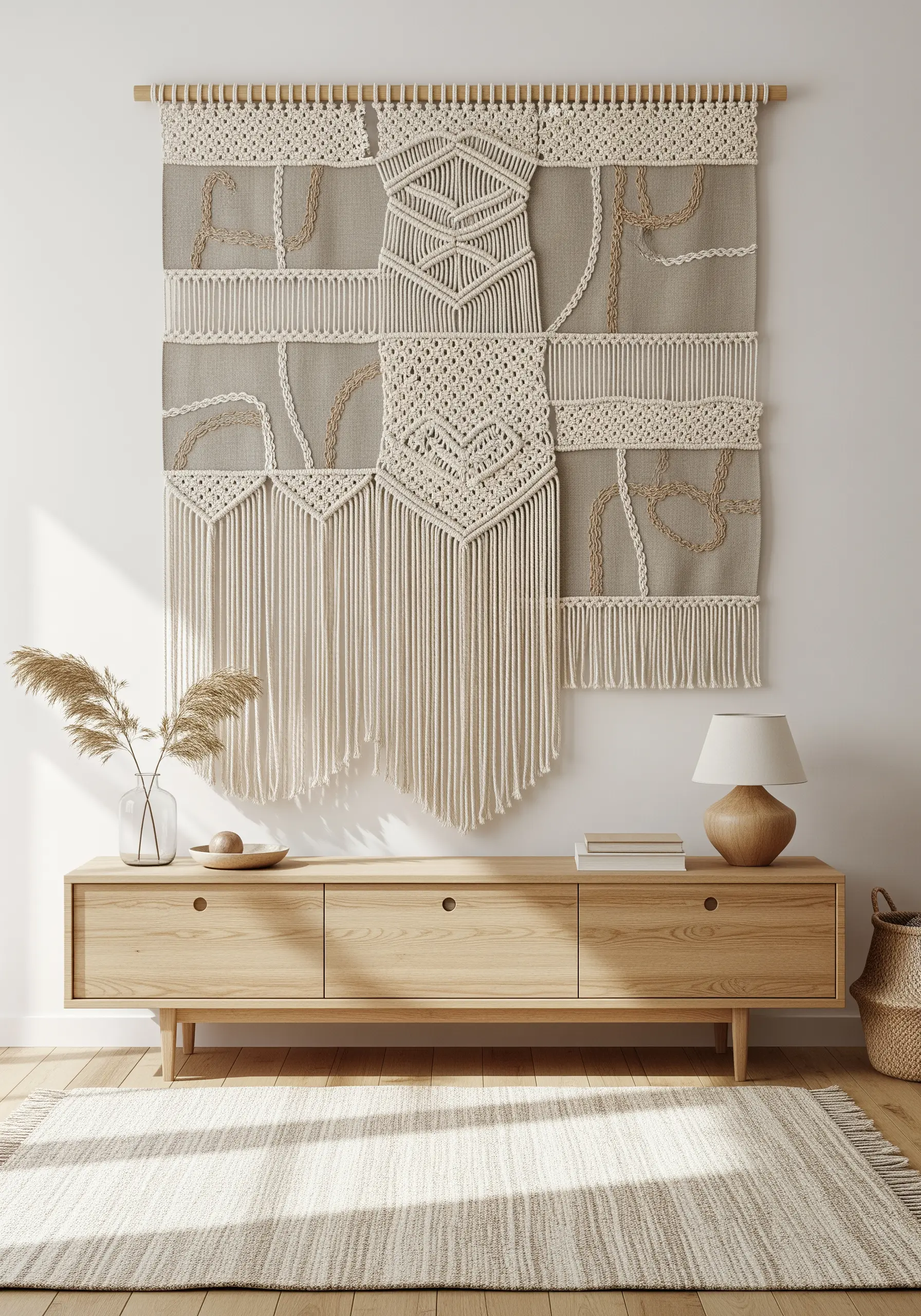 Large mixed-media wall hanging combining macrame panels and embroidery on a linen background.