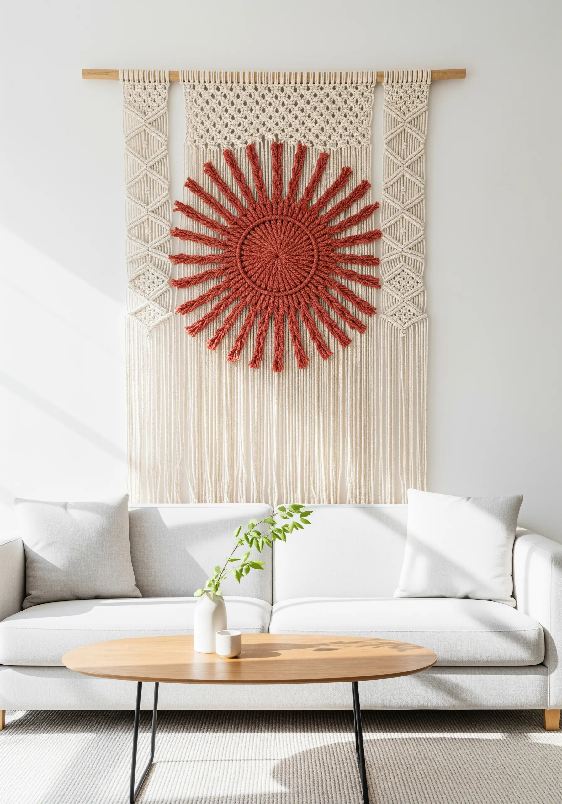 A large macrame wall hanging with a woven terracotta sunburst motif in the center.