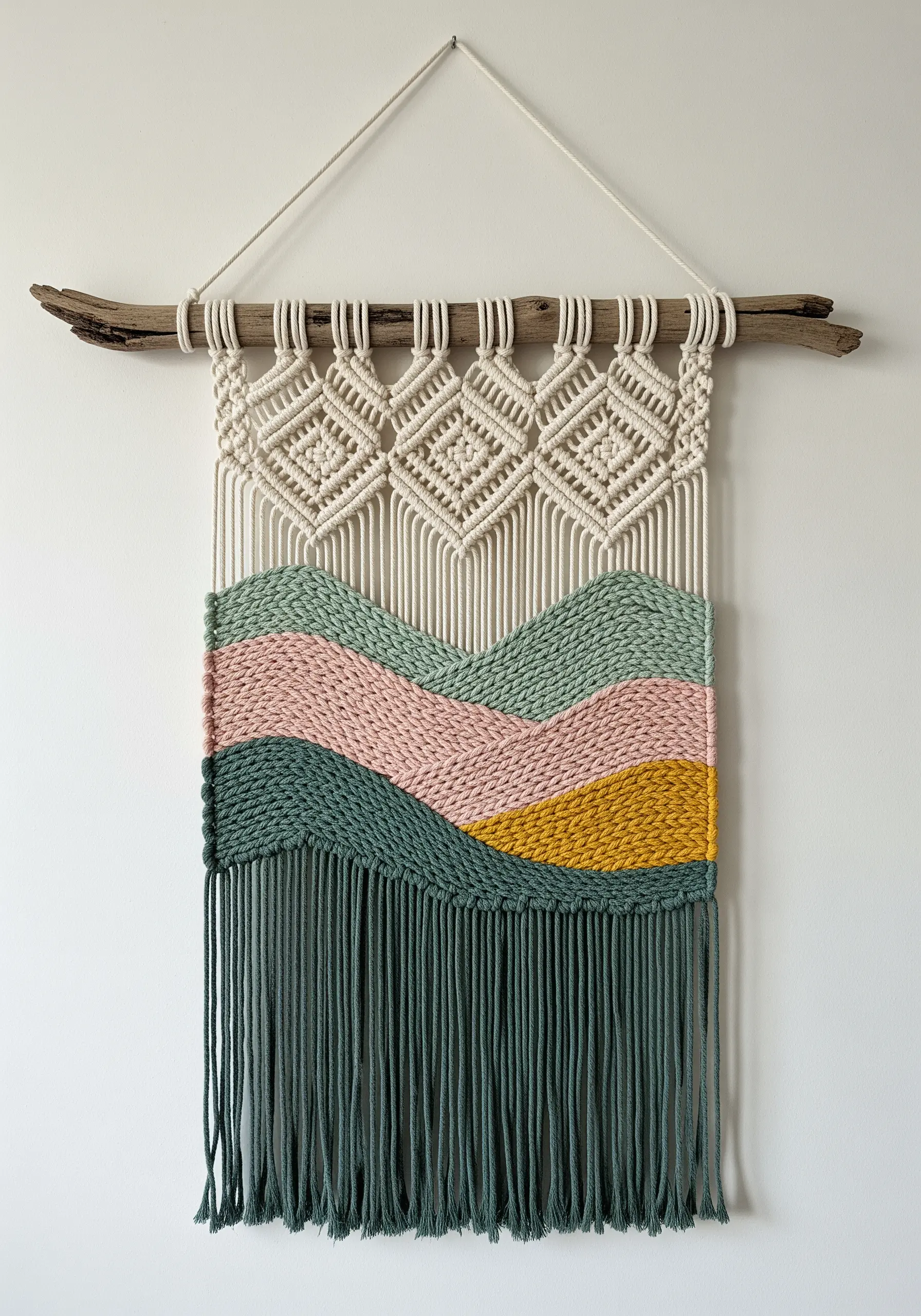 A macrame wall hanging with a woven landscape of green, pink, and yellow hills.