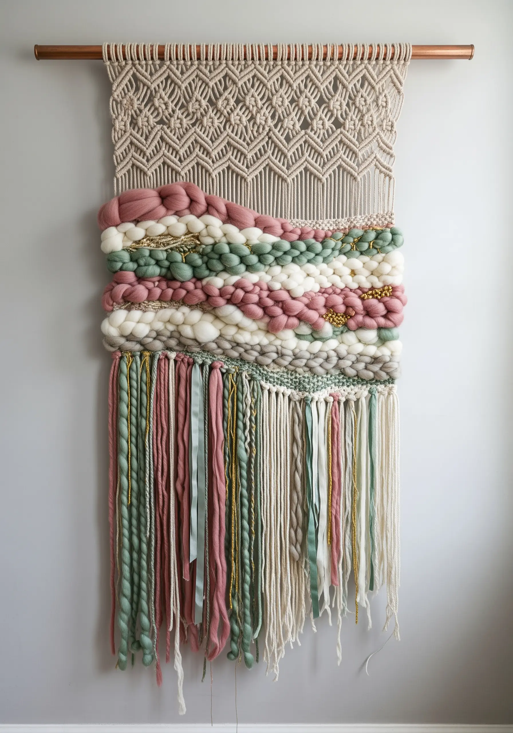 Woven wall hanging with macrame, chunky roving yarn in pink and green, and gold accents.