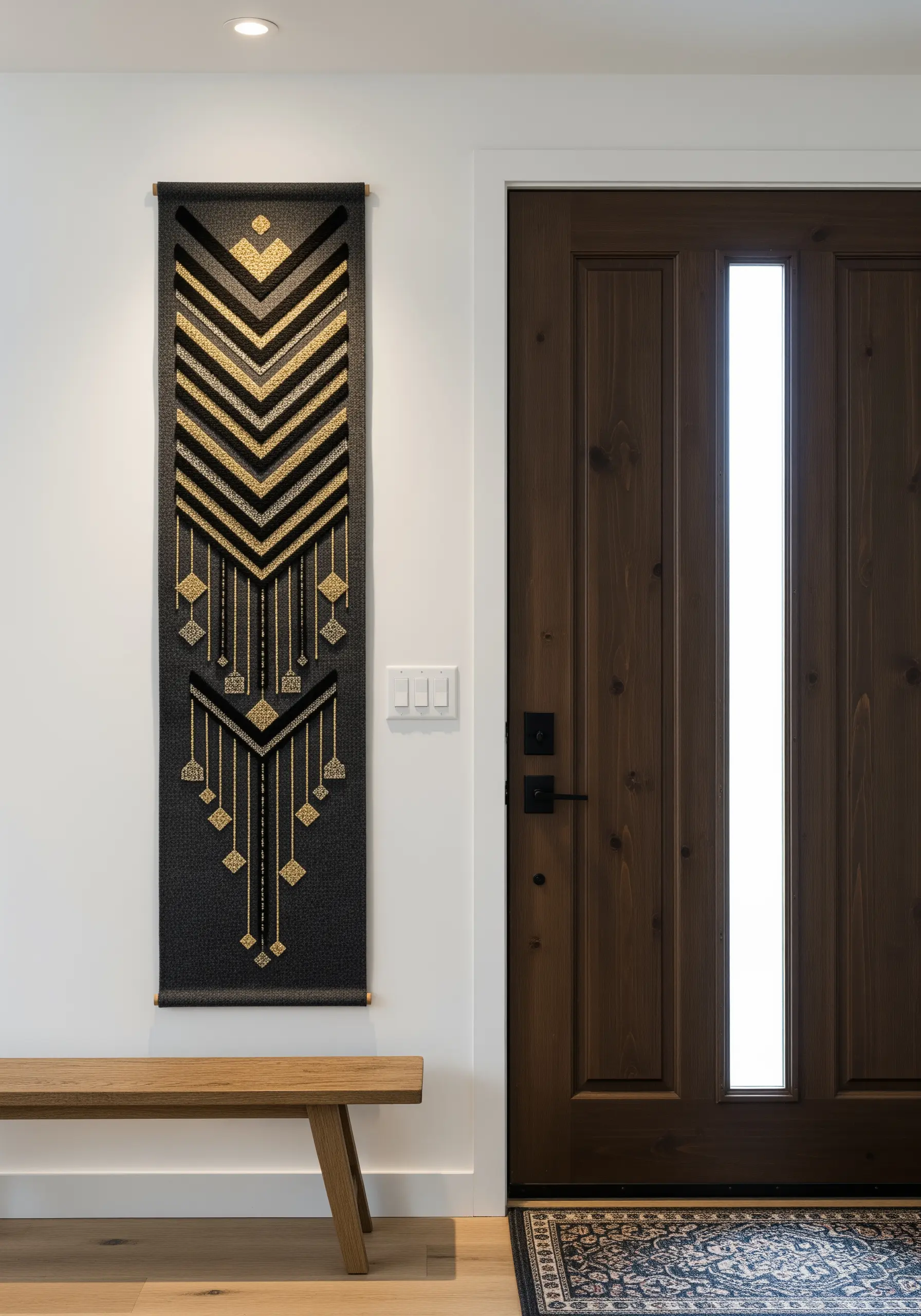 Art Deco-inspired vertical wall hanging with gold metallic and black thread chevrons.